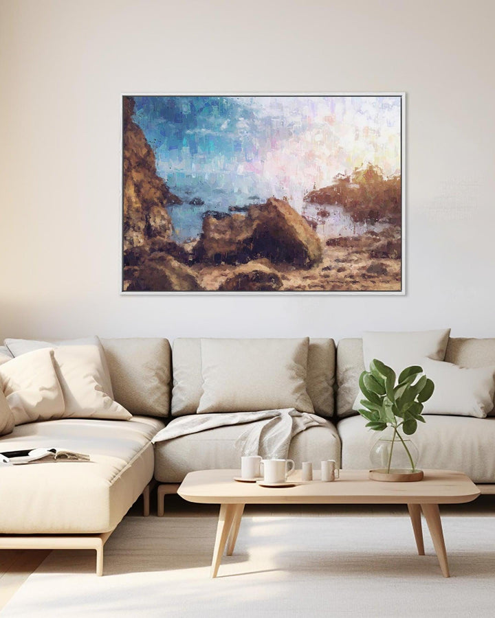 Modern living room with a beige sectional sofa, wooden coffee table, and a large abstract painting on the wall.