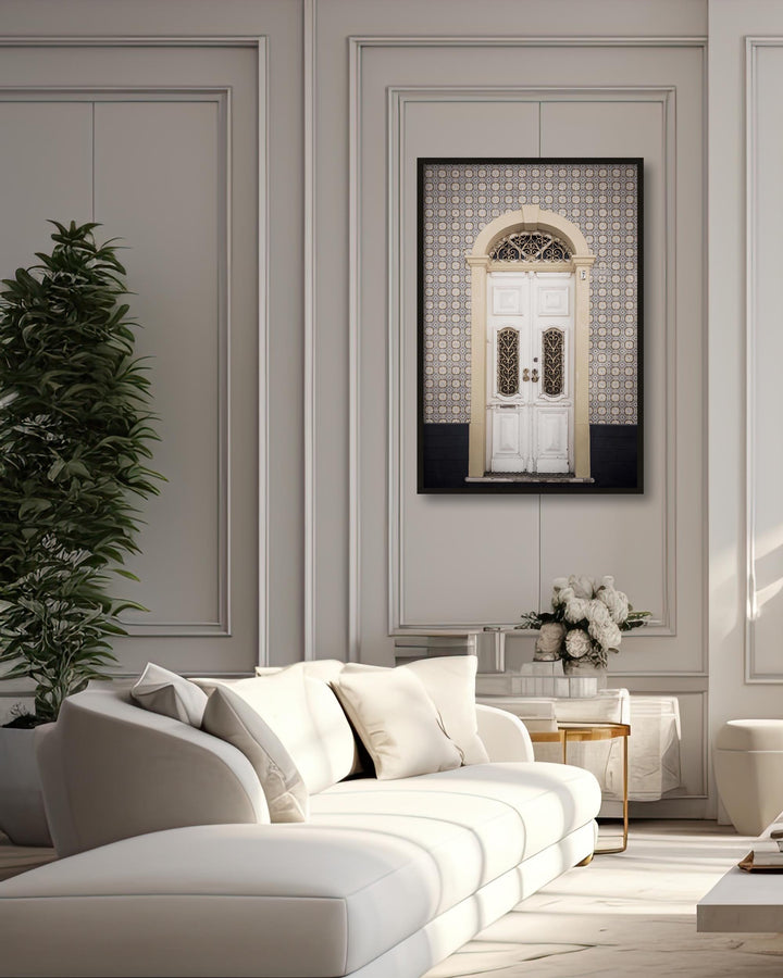 large travel poster, affordable art print of door photography in modern white timeless beige living room 