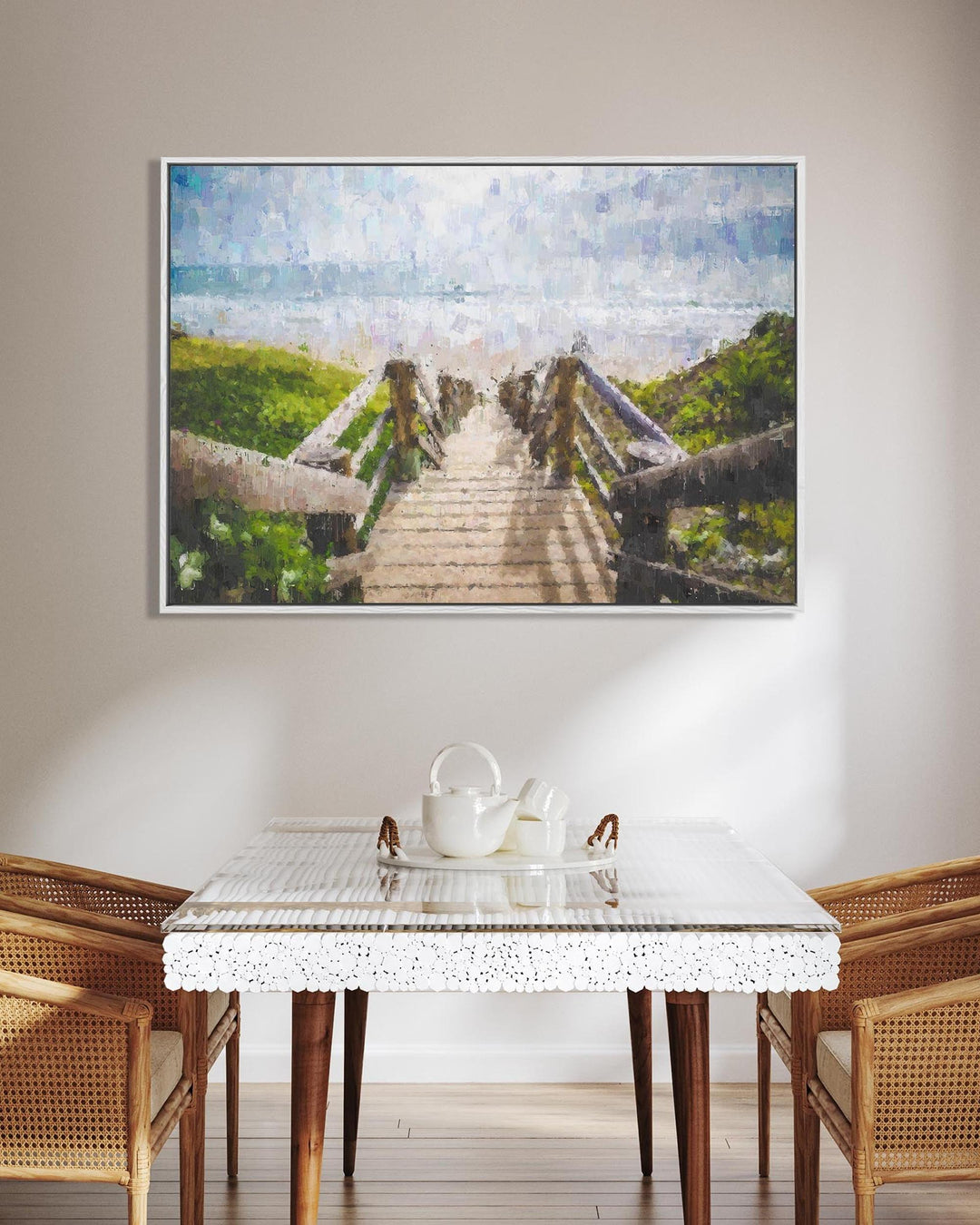Framed artwork of a bridge over water in a dining room setting