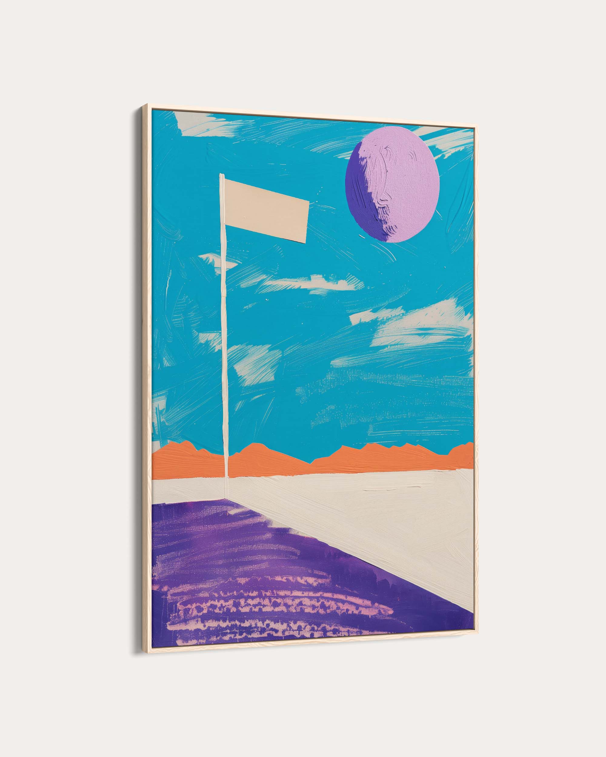 Abstract artwork with a flag, purple moon, and landscape on a blue sky background