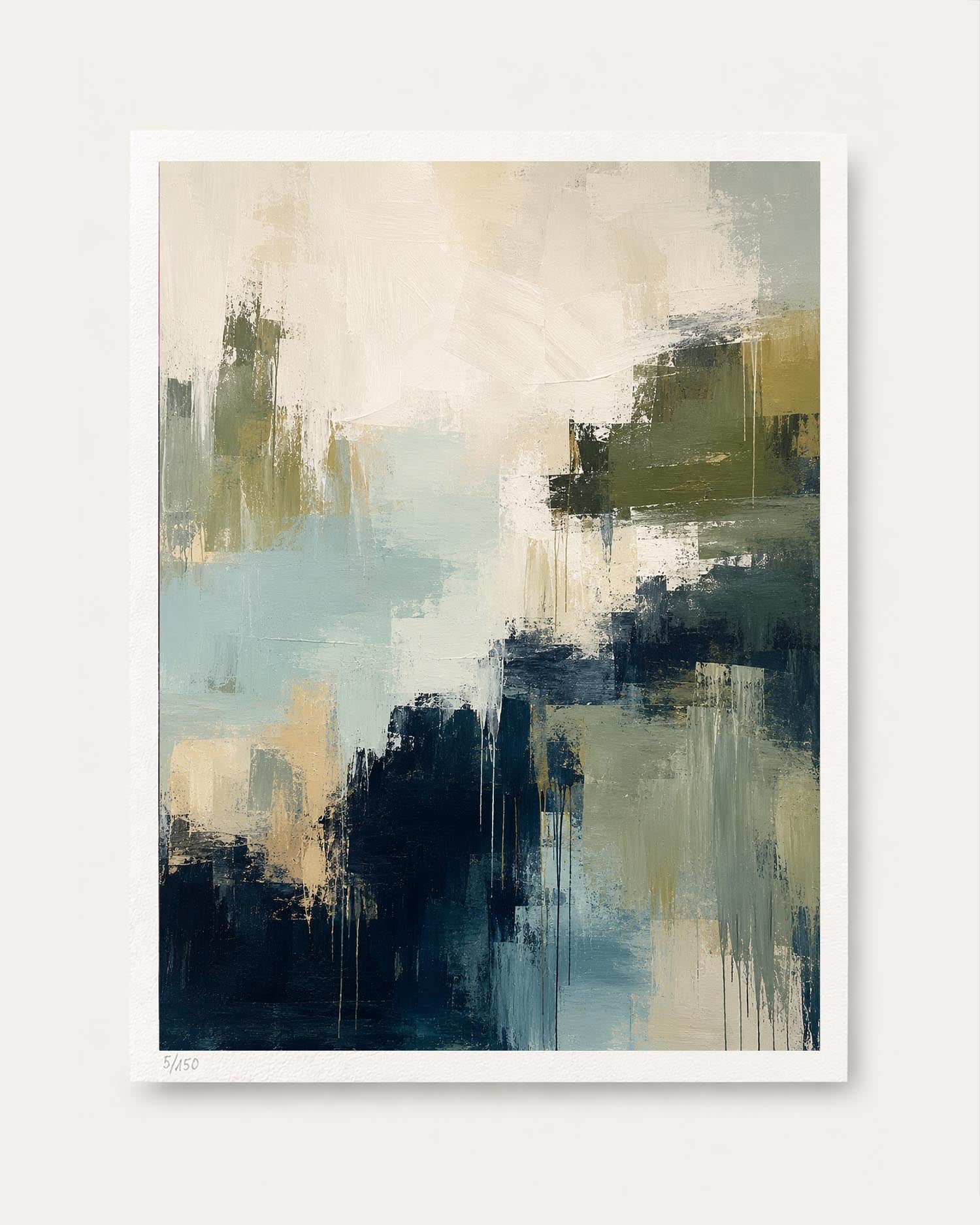 An abstract art print featuring textured brushstrokes in navy blue, teal, olive green, and cream, presented with a white border on a light gray background.