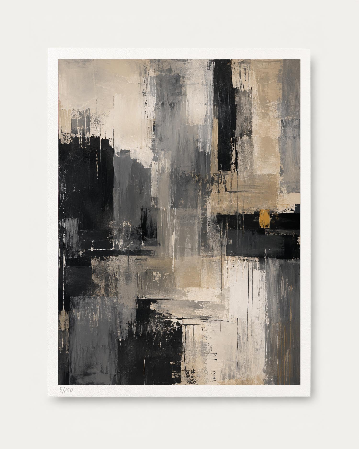 An abstract art print featuring a textured, painterly composition in black, gray, beige, and white with a small touch of gold, presented on a clean white background.
