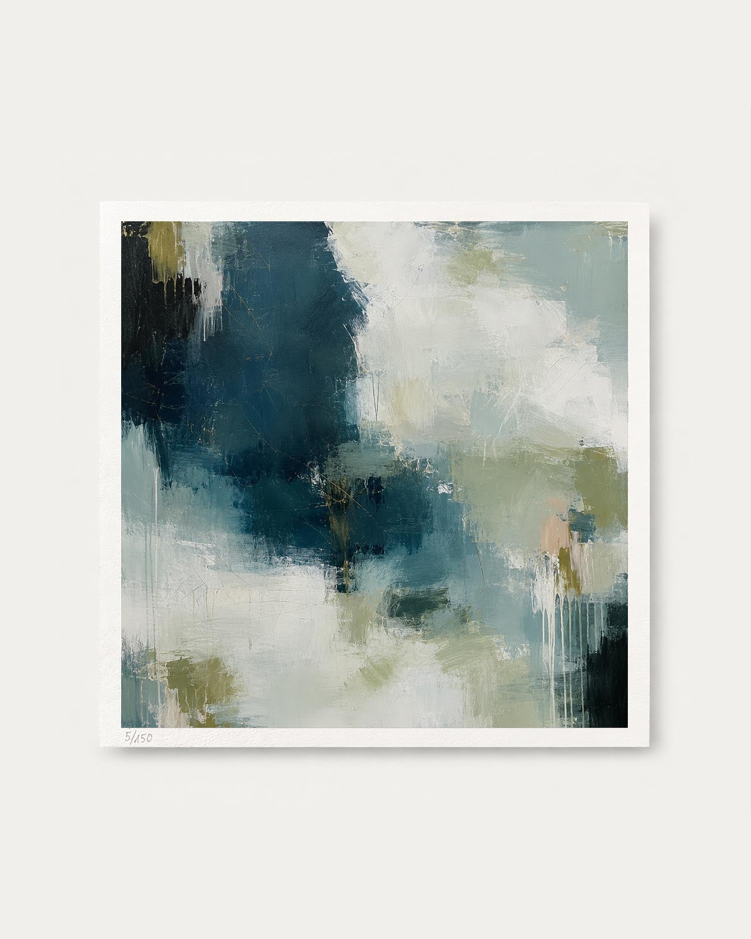 An abstract square wall art print with a white border, featuring blended brushstrokes in deep navy, teal, cream, gray, and soft olive tones, shown against a light gray background.