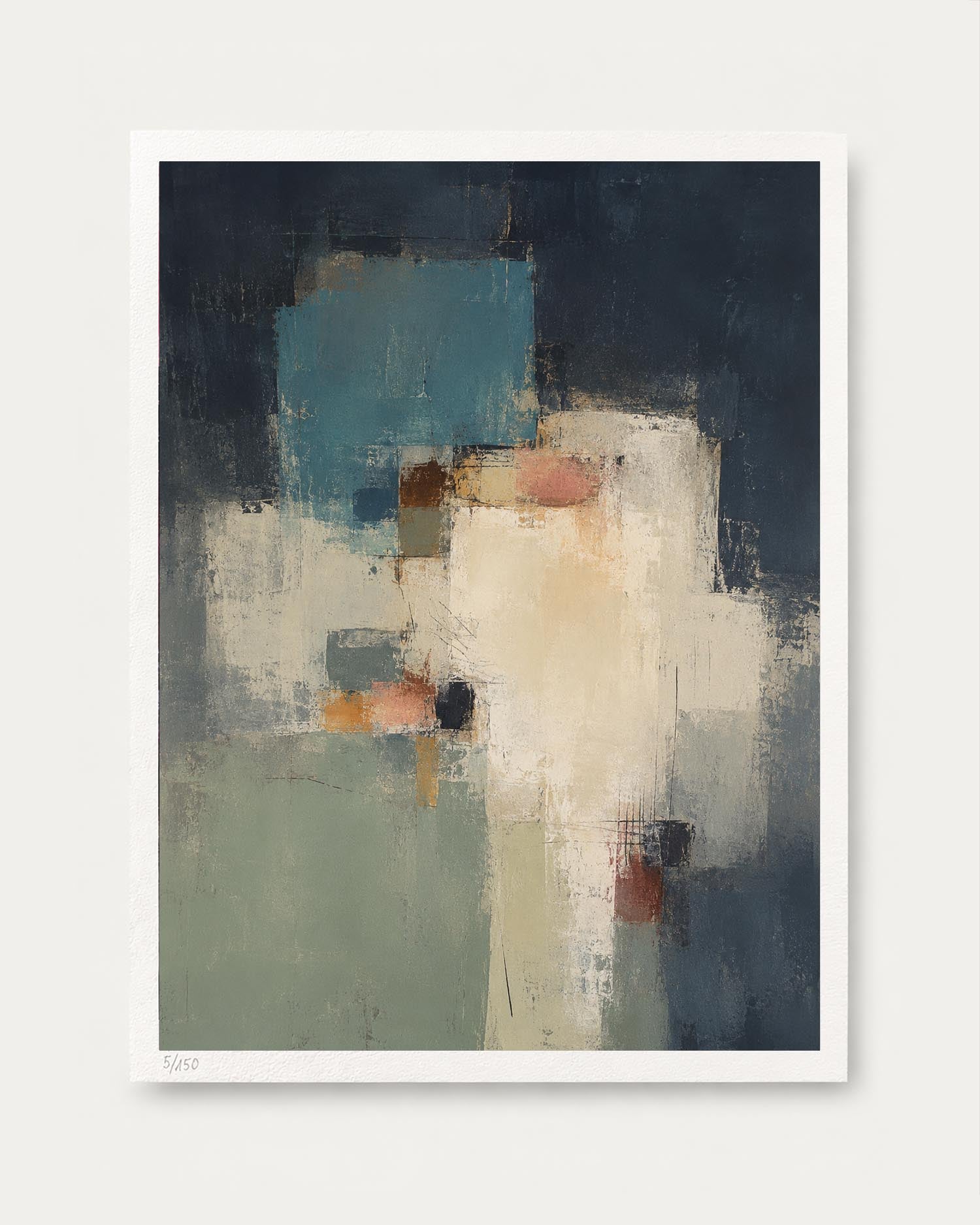 An abstract art print featuring a modern composition of textured brushstrokes in navy blue, teal, cream, sage green, and rust orange, presented with a white border on a light gray background.