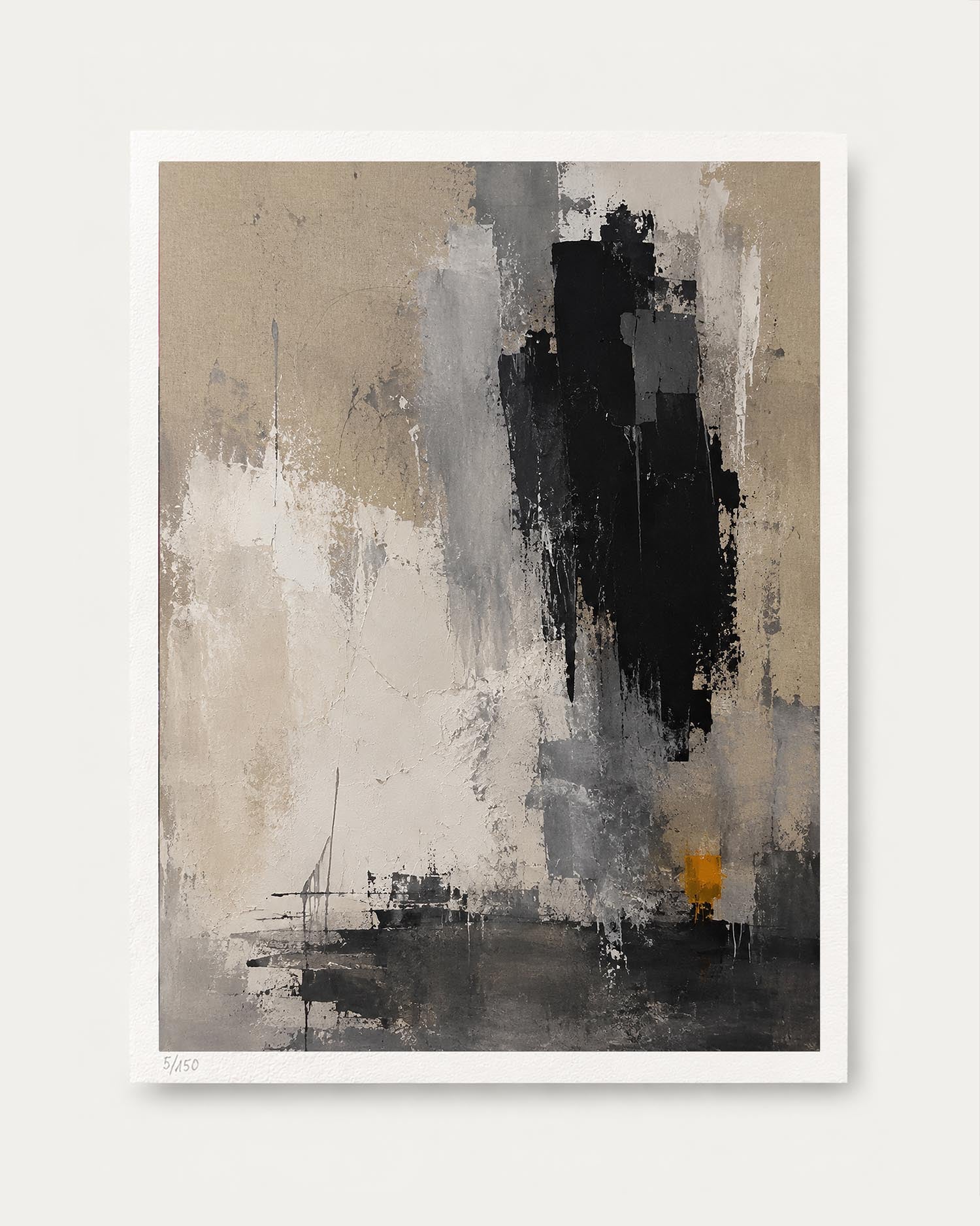 An abstract art print featuring textured brushstrokes in beige, black, gray, and white, with a small yellow accent near the bottom right, presented on a clean white background.