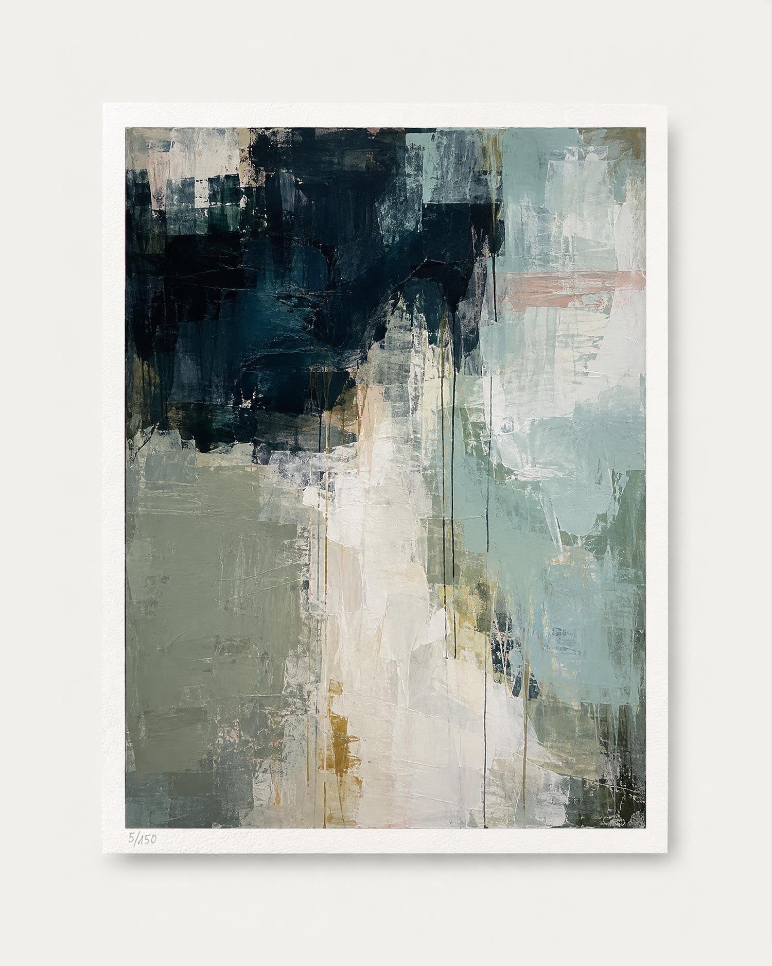 An abstract art print featuring a textured composition of dark navy, sage green, cream, and light blue-green brushstrokes, presented on a clean white background.