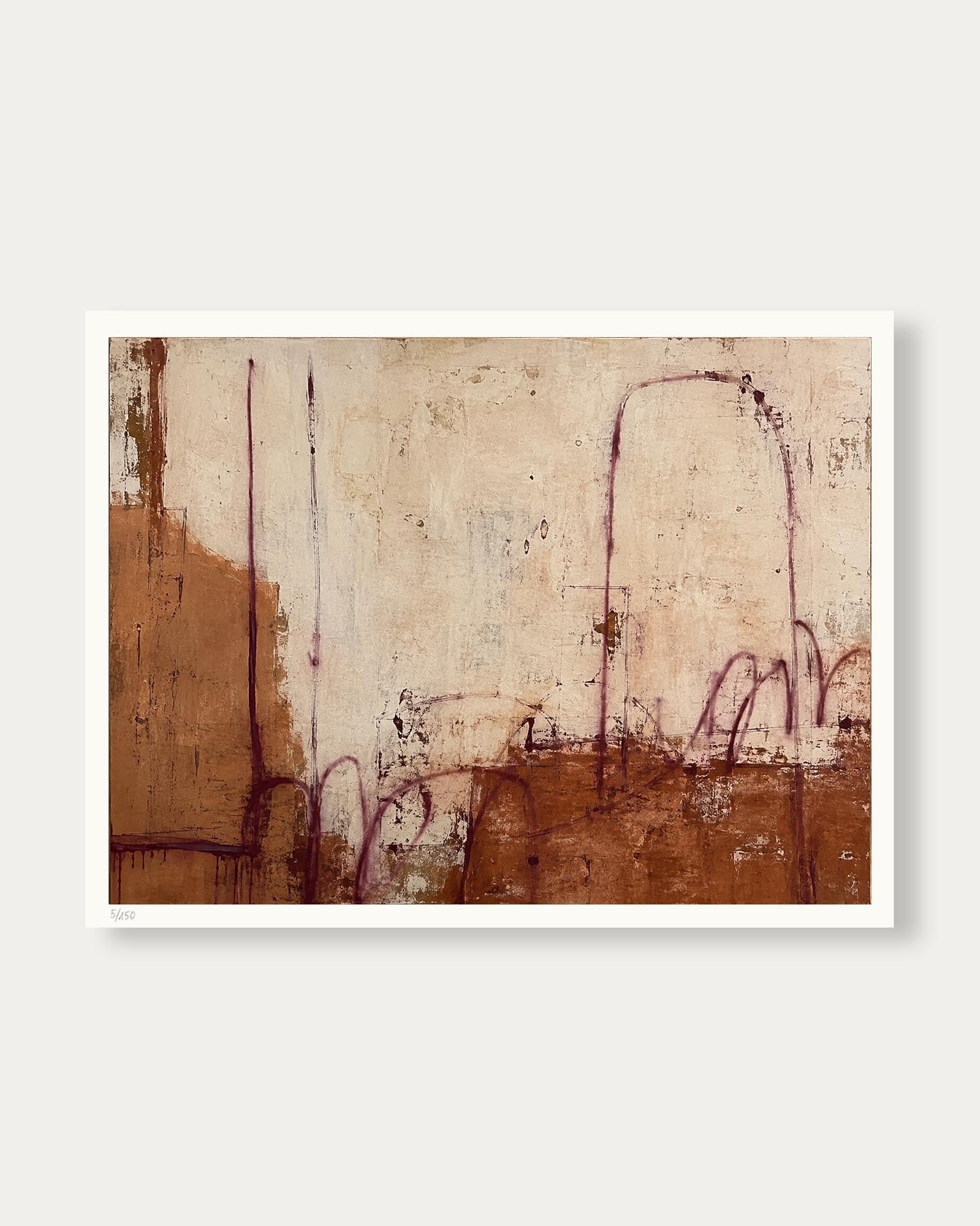 An abstract art print featuring textured brown and beige tones with thin reddish-purple line details, presented with a white border on a light gray background.