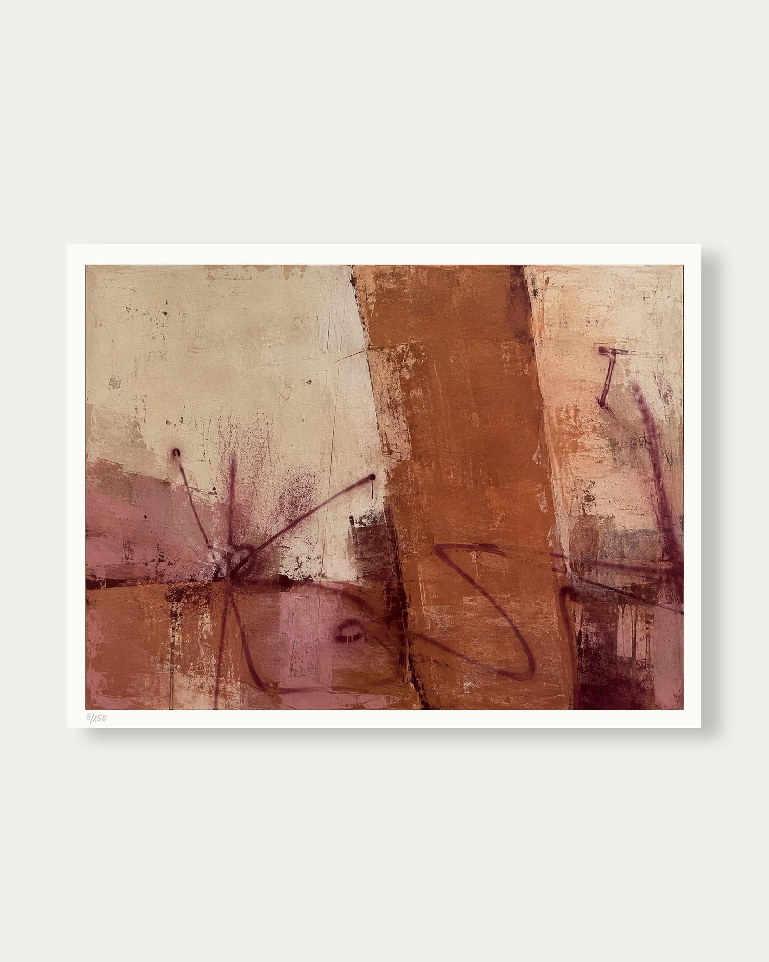 An abstract art print featuring textured brushstrokes in terracotta brown, dusty pink, and cream, presented with a clean white border against a light gray background.