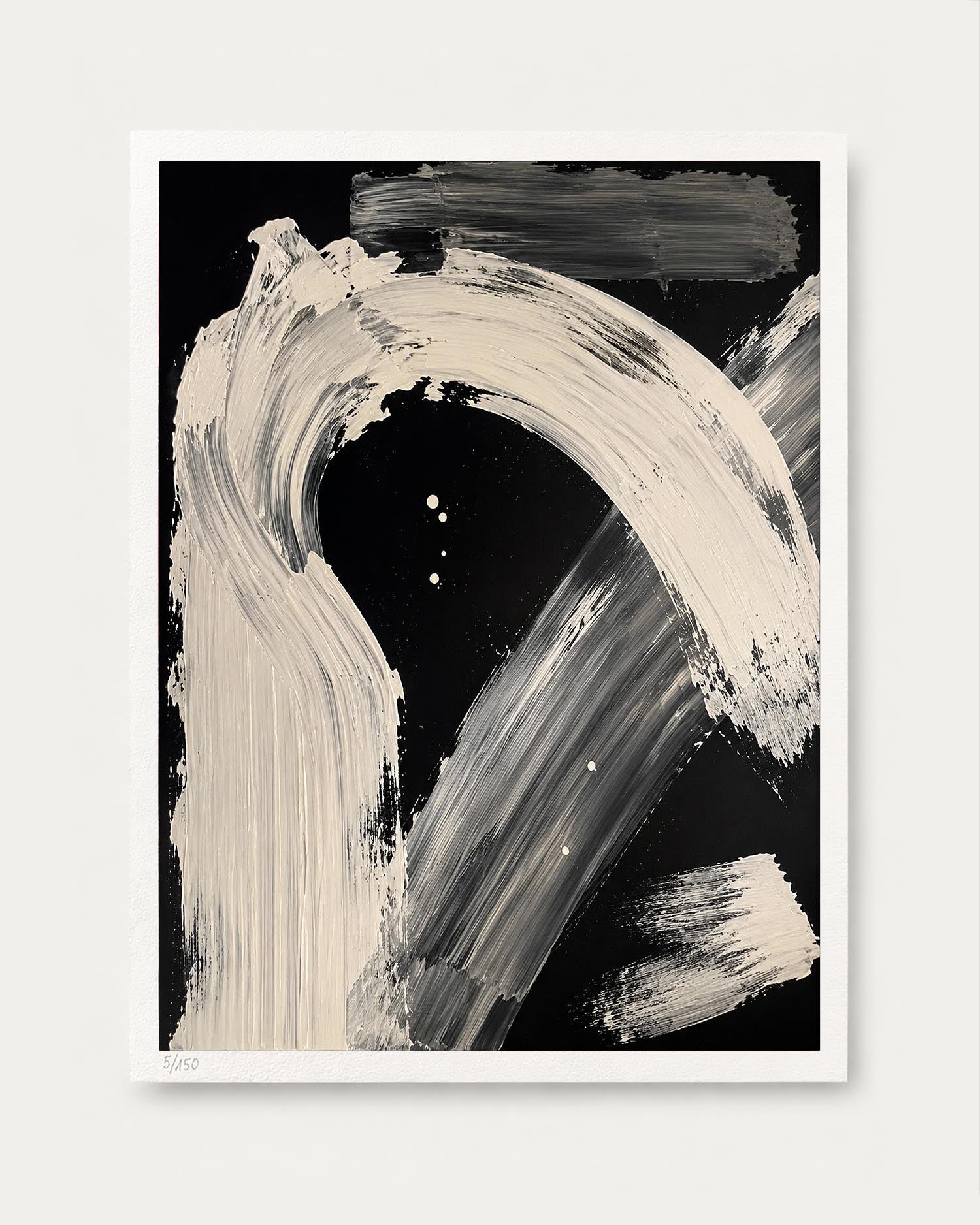 An abstract art print featuring bold, sweeping cream-colored brushstrokes on a solid black background, presented with a white border and a light gray wall backdrop.