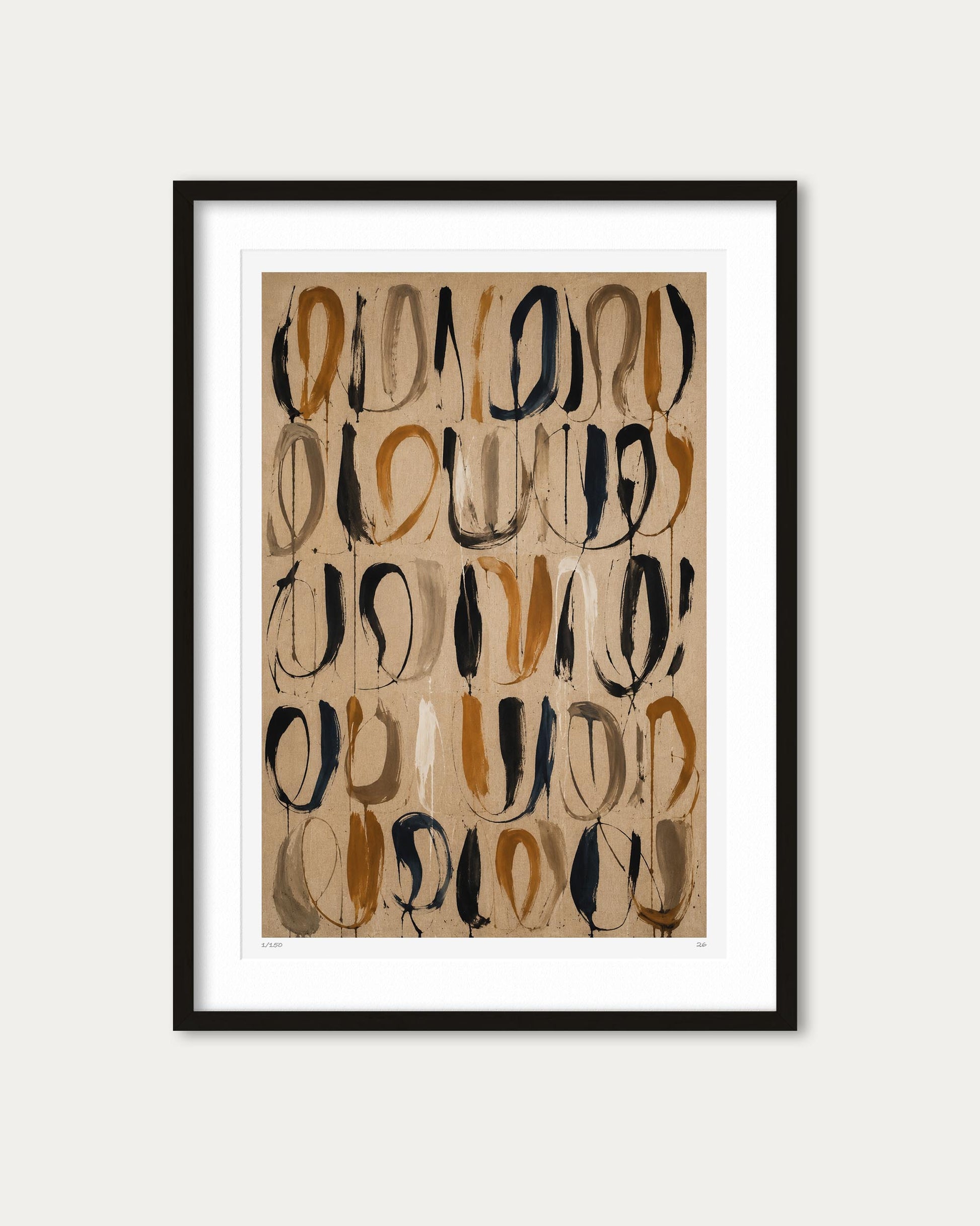Framed abstract art print featuring a grid of organic, loop-like shapes in black, brown, and beige tones, presented in a black frame with a white mat against a light gray background.