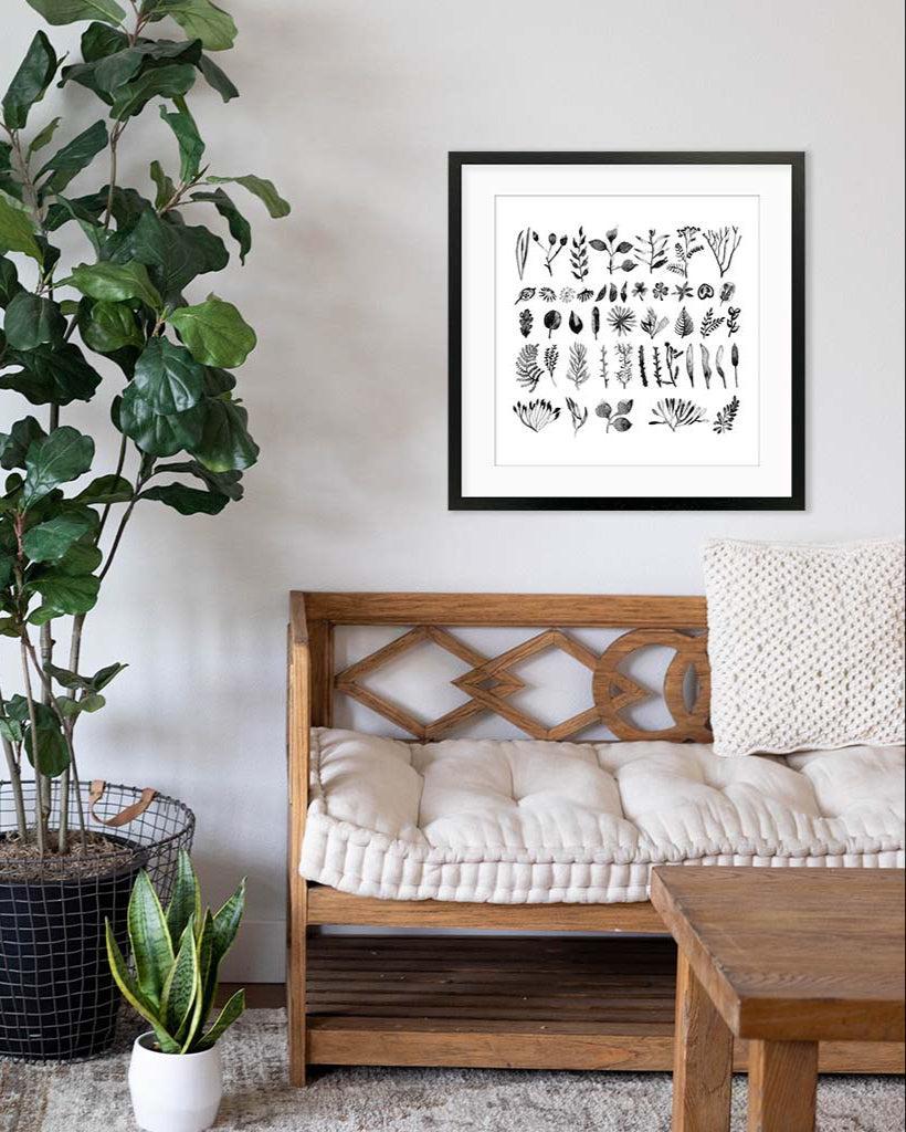 Framed botanical art above a wooden bench in a living room.