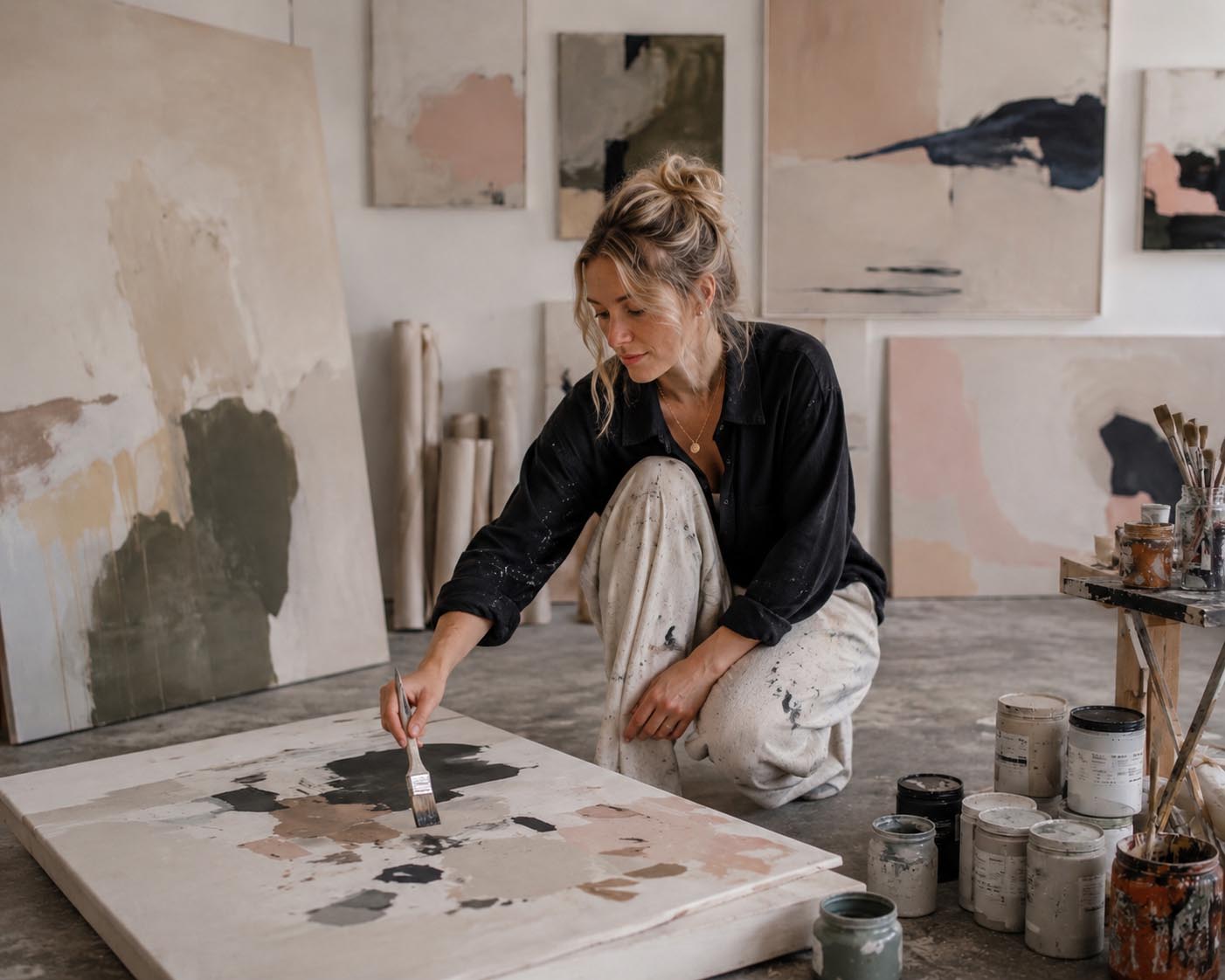 A woman kneels on the floor of an art studio, painting on a large canvas. The room is filled with other abstract paintings, paint cans, and brushes.