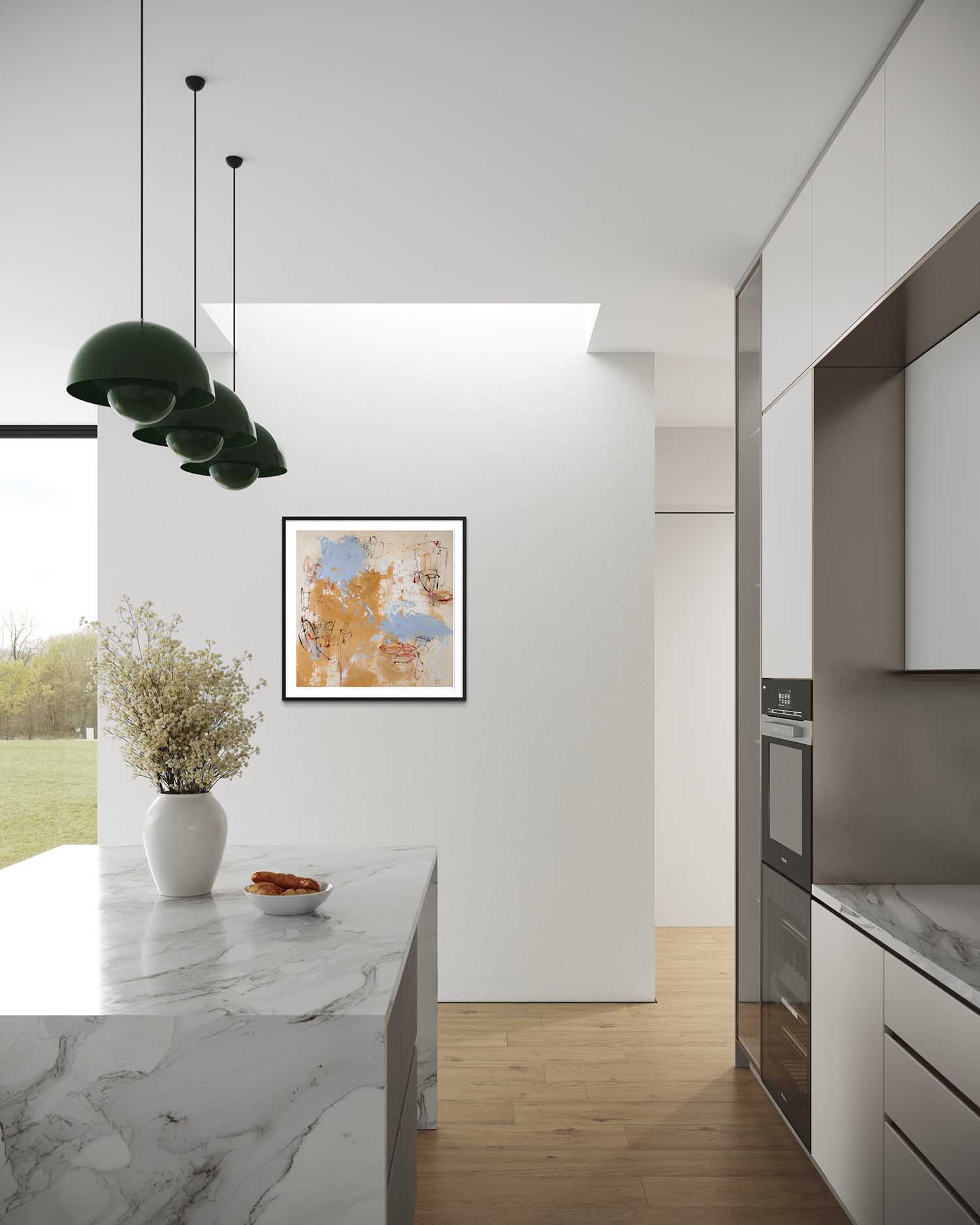 Modern kitchen interior with marble countertop, pendant lights, and wall art.