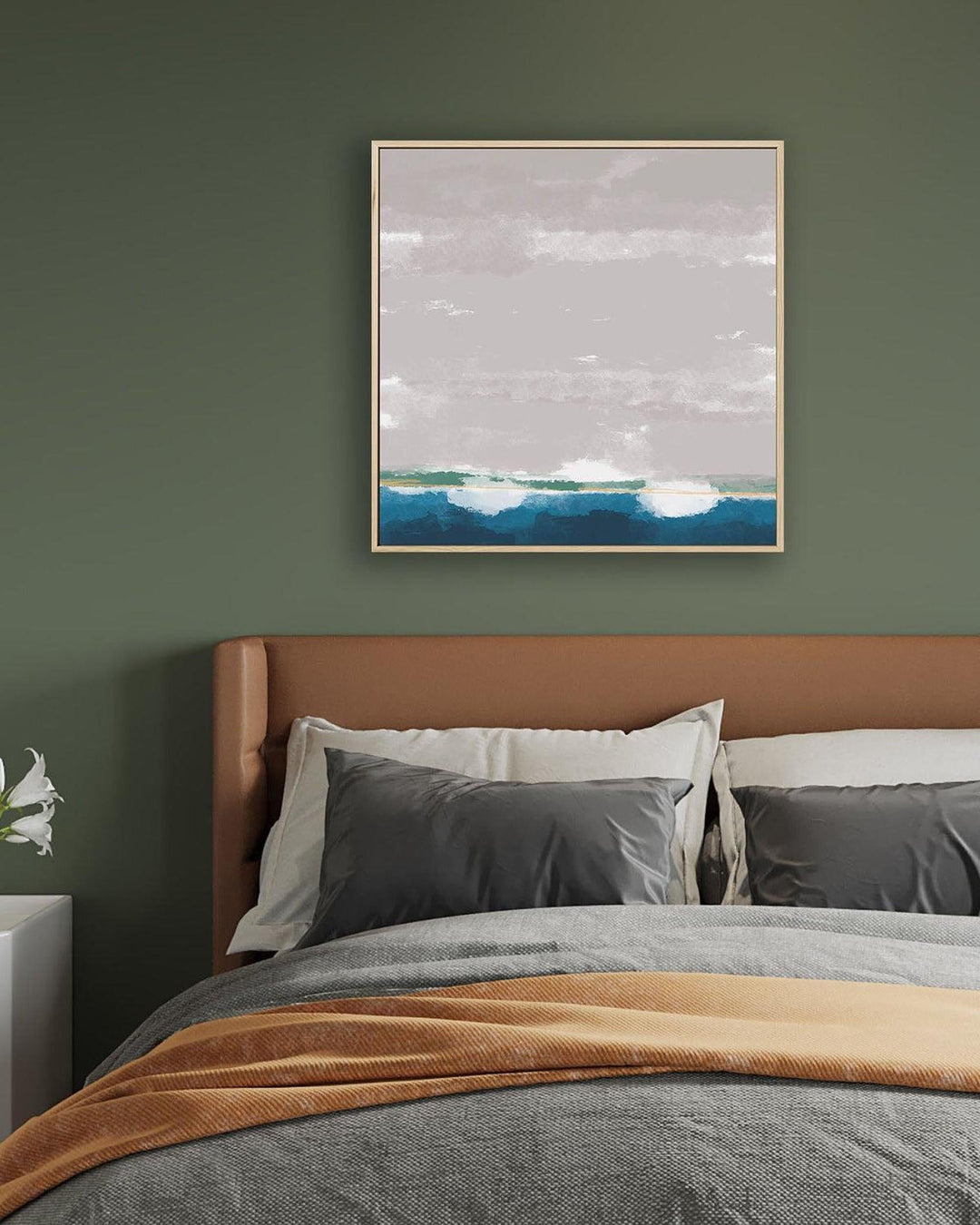 Bedroom with a painting of a landscape on a green wall