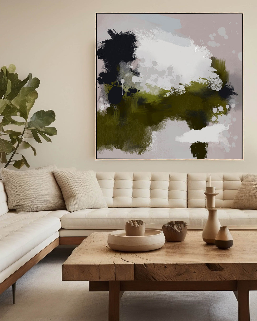 large modern green abstract canvas art, modern wall art prints, paint splatter, jackson pollock style, expressionist wall art in scandinavian living room