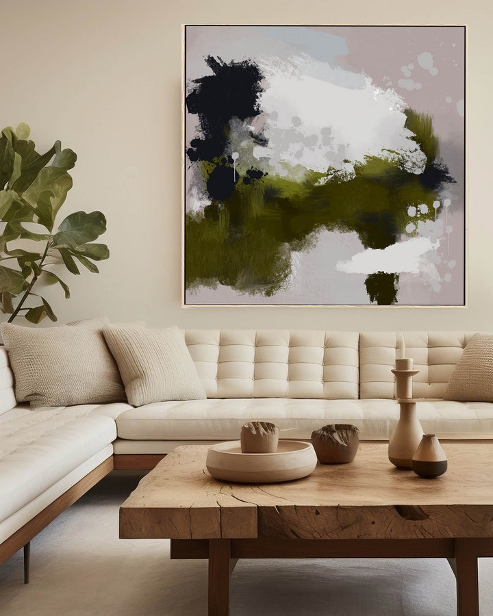 large modern green abstract canvas art, modern wall art prints, paint splatter, jackson pollock style, expressionist wall art in scandinavian living room