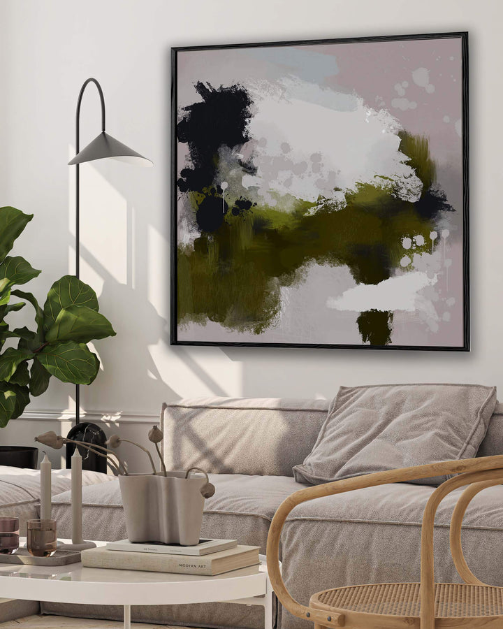 large oversized abstract wall art print on canvas framed in living room above sofa