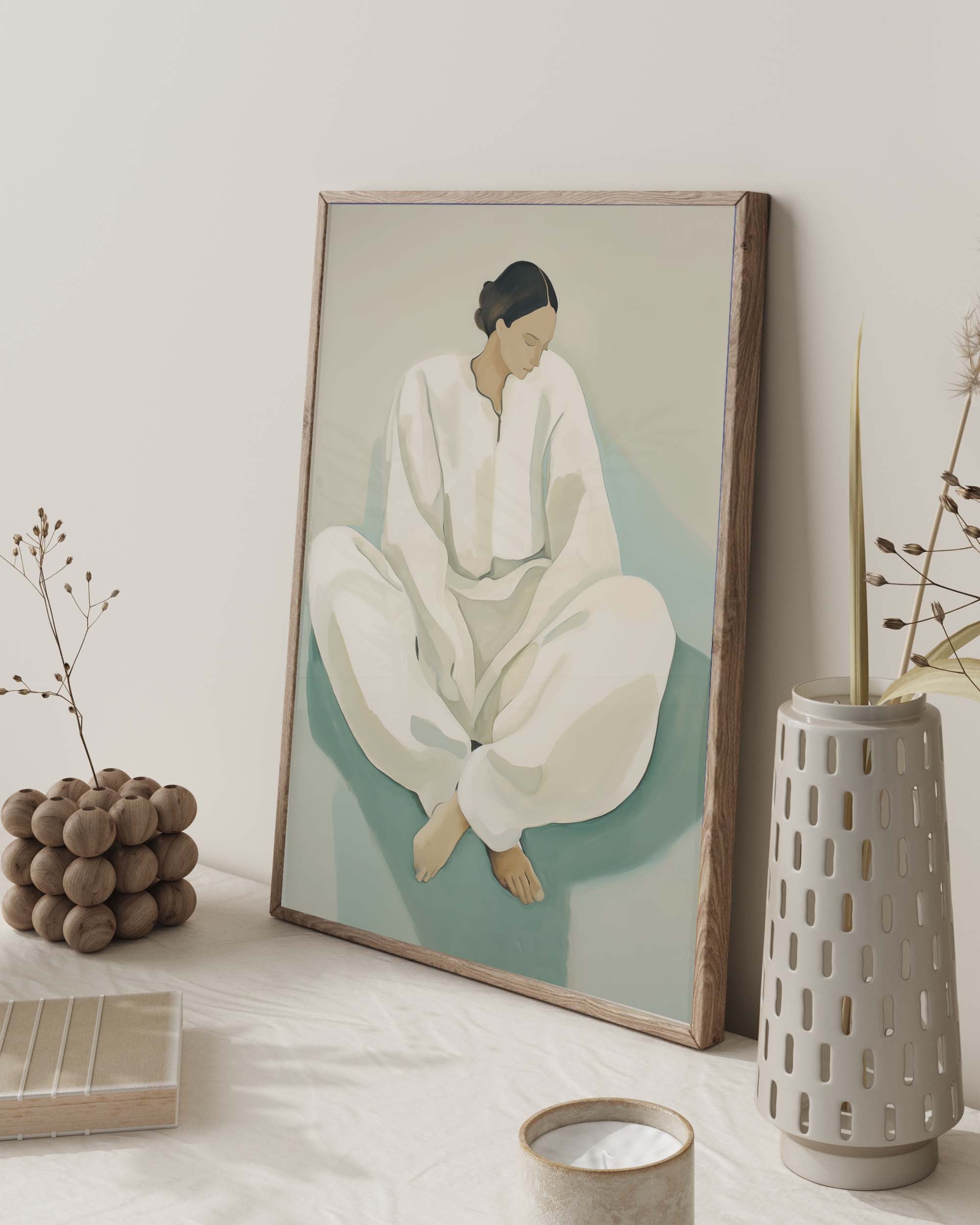 Framed artwork of a person in a white outfit on a light surface with decorative items.