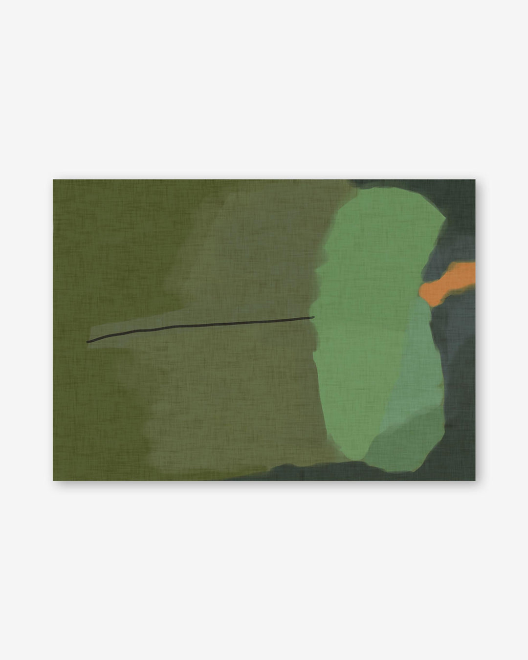 Abstract art piece with green and orange shapes on a dark green background
