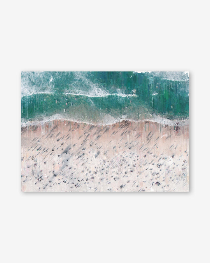 Wave crashing onto a sandy beach with a white background