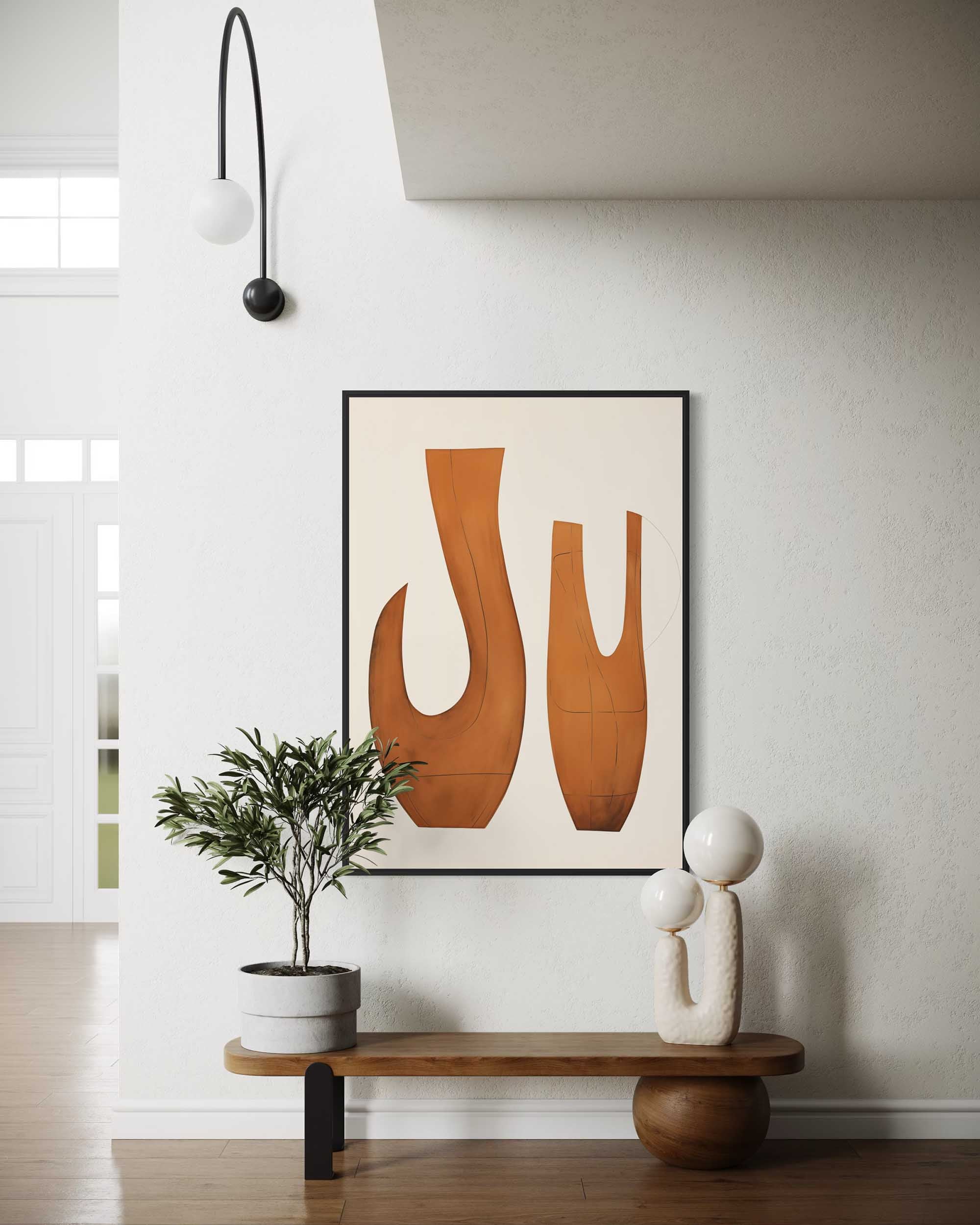 Modern interior with abstract art, plant, and sculpture on a bench.