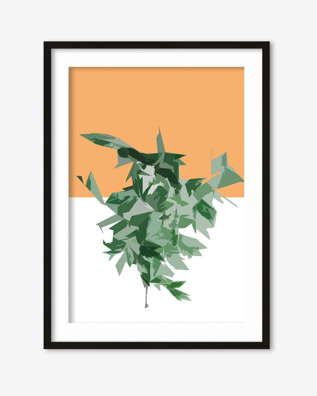 Framed artwork with green leaves on an orange background