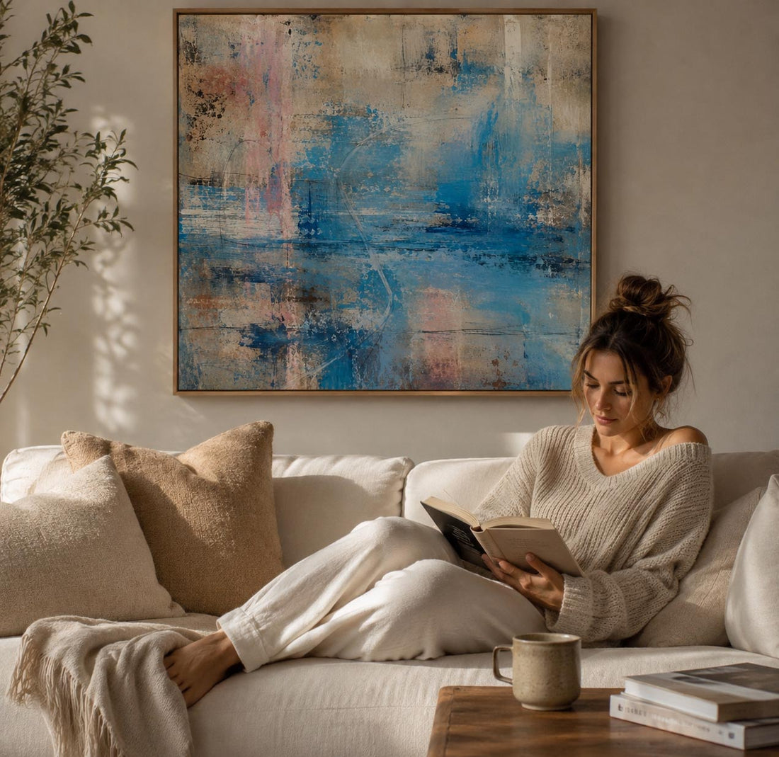 A woman relaxes on a cream sofa reading a book in a cozy living room, with a large framed abstract painting featuring blue, beige, and pink tones hanging on the wall above her.