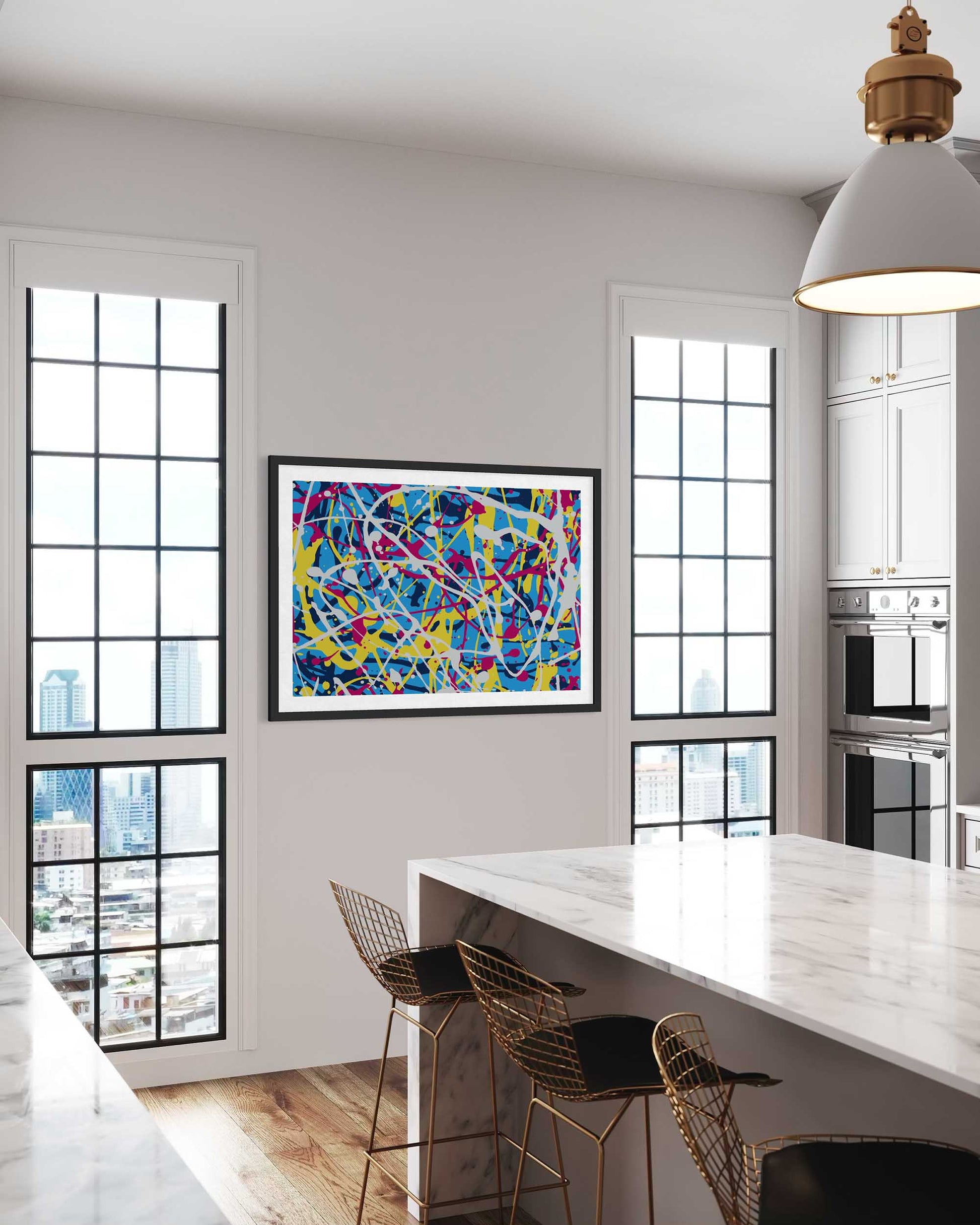 Modern kitchen with colorful abstract art on the wall