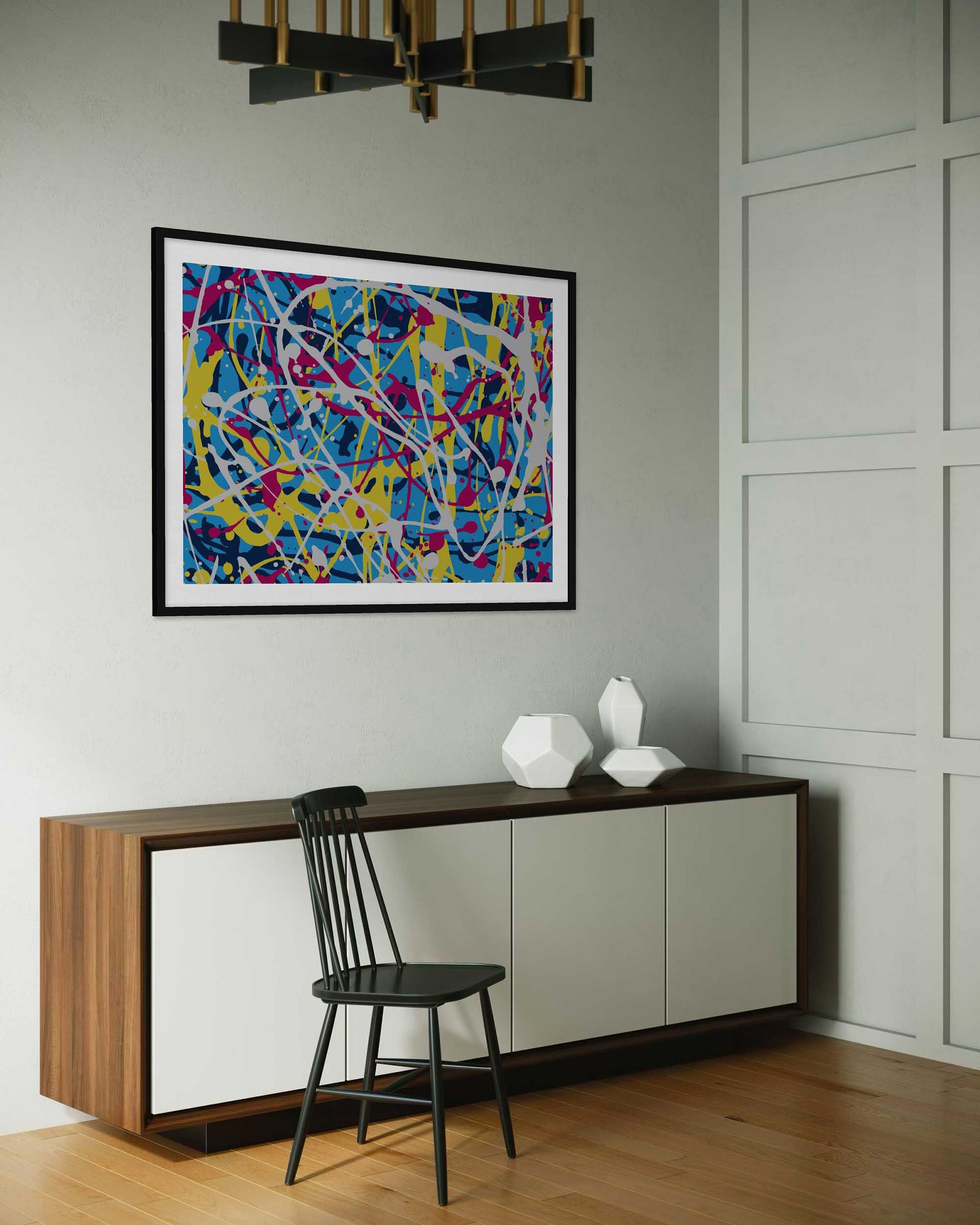 Modern interior with a colorful abstract painting, console table, and chair.