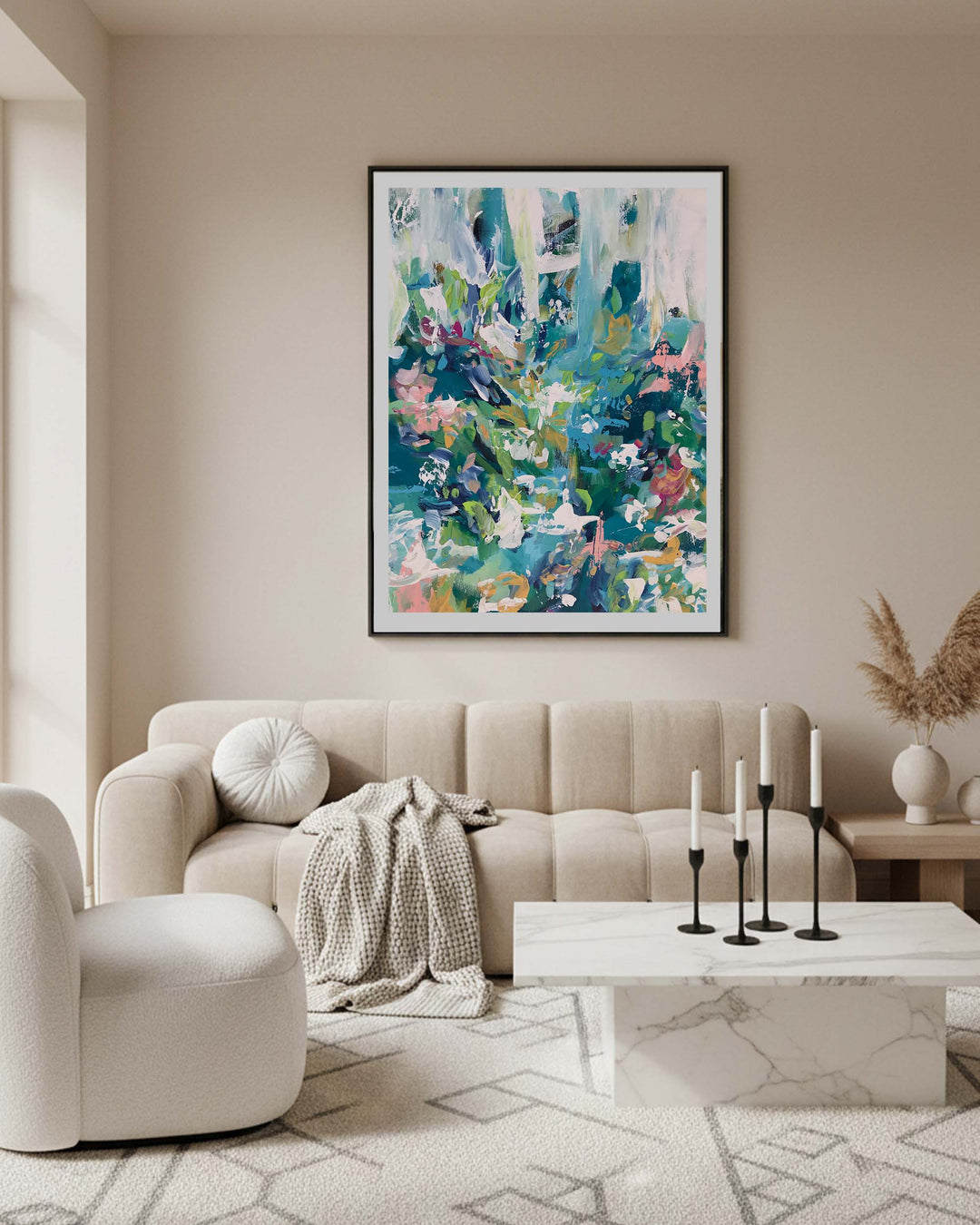 extra large modern abstract flower pink and green multicolour wall art framed in beige scandinavian living room, painted in pantone cloud dancer neutral paint with marble coffee table