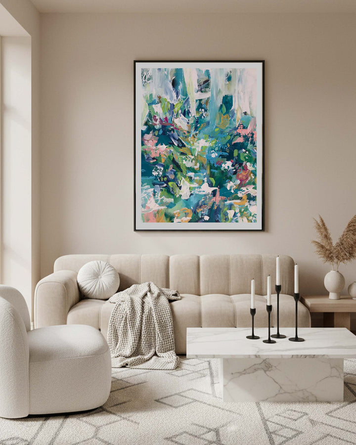 extra large modern abstract flower pink and green multicolour wall art framed in beige scandinavian living room, painted in pantone cloud dancer neutral paint with marble coffee table