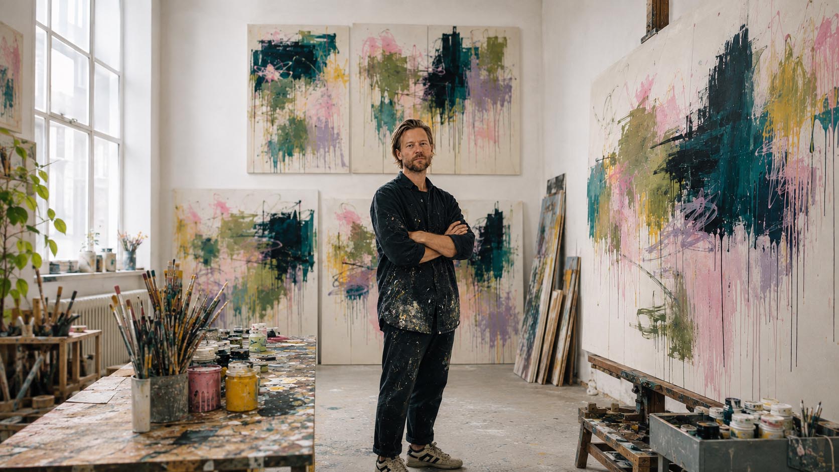 A man with arms crossed stands in a bright artist studio surrounded by large abstract paintings on the walls, with paintbrushes, jars, and art supplies on tables in the foreground.