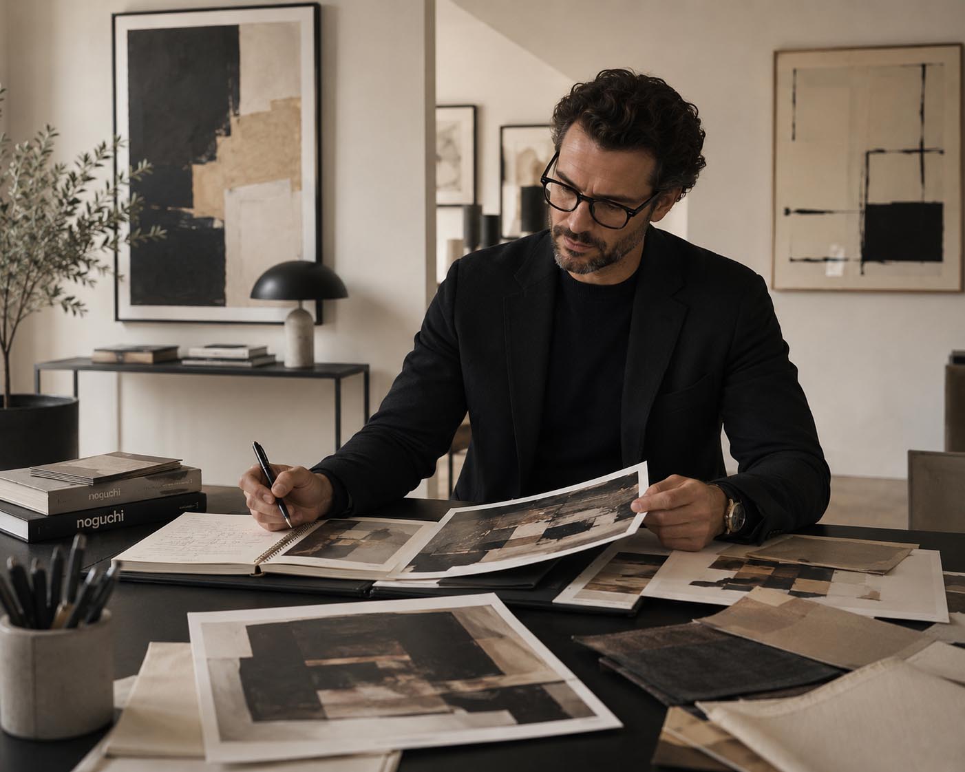 A man in a black blazer and glasses sits at a desk, writing and reviewing architectural or design sketches and material samples in a modern, stylishly decorated room.