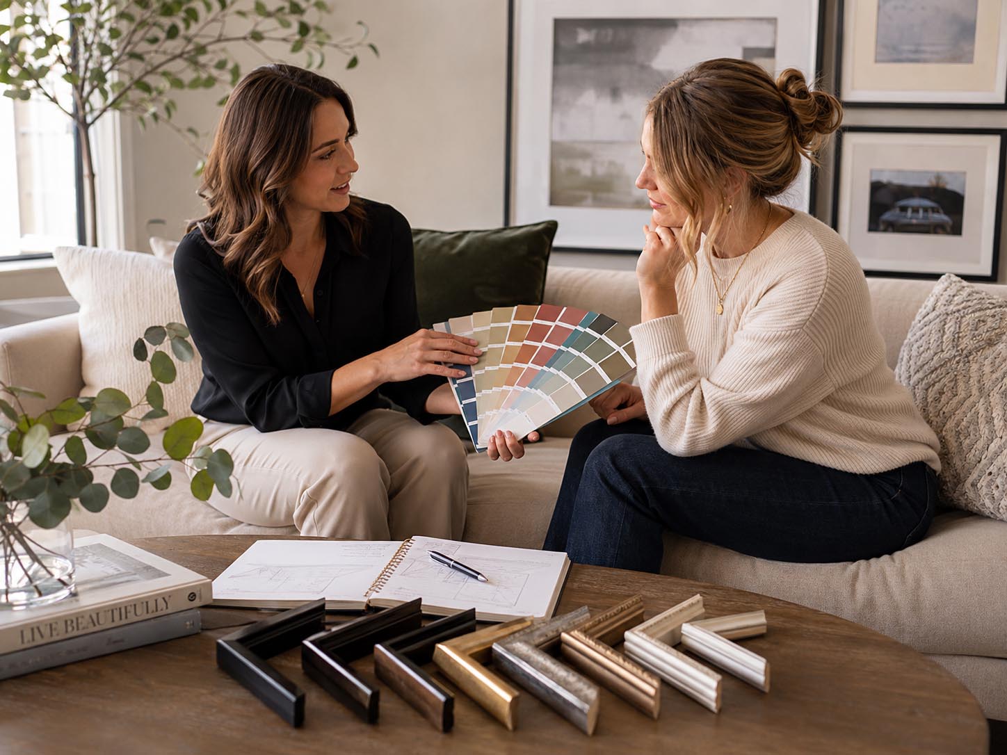 Two women sitting on a beige sofa in a bright living room, discussing home decor. One holds a multicolor swatch fan, and several metallic and wood frame samples are displayed on a wooden coffee table in the foreground.