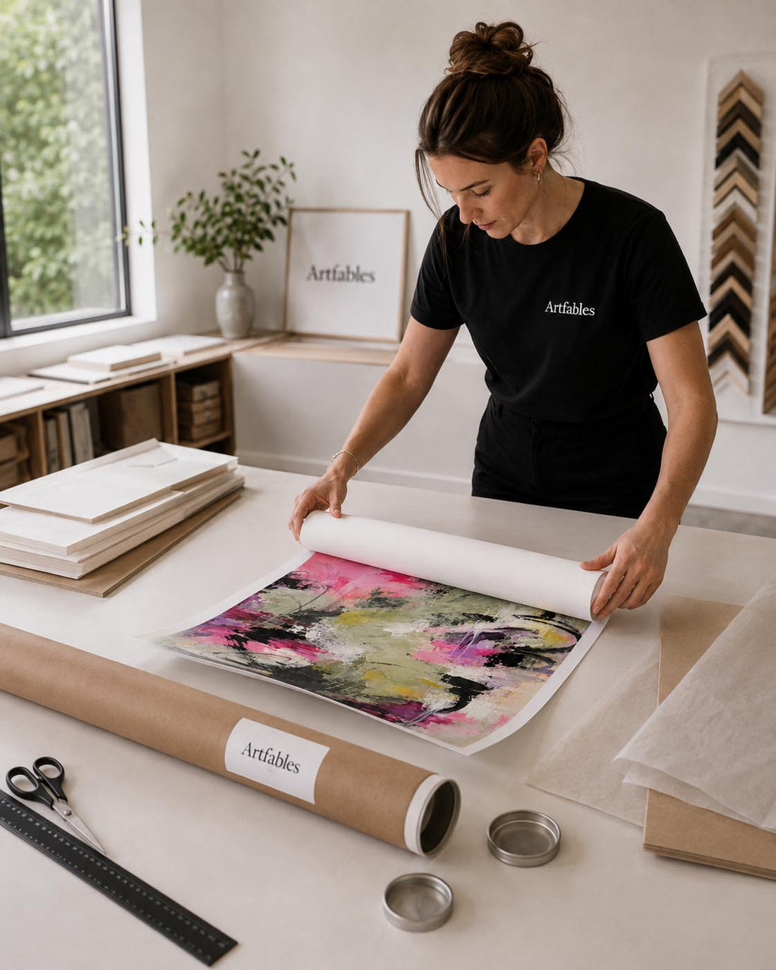 A woman in a black Artables t-shirt unrolls a colorful abstract art print on a large white table. The scene is set in a bright, modern art studio with other art supplies, including a brown cardboard print roll labeled Artables, scissors, and framing materials.