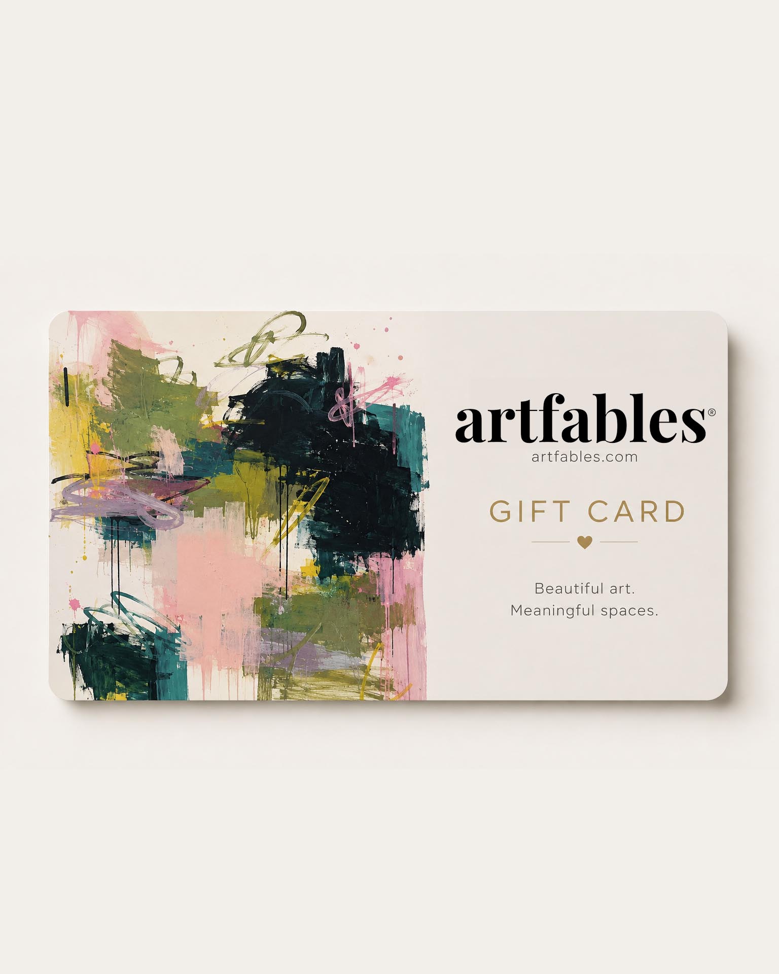 An Artables gift card featuring an abstract multicolor painting on the left side and the text 'artables', 'artables.com', and 'GIFT CARD' on a light cream background on the right.