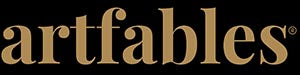 The logo for artfables, featuring the brand name in a warm tan serif typeface on a solid black background.