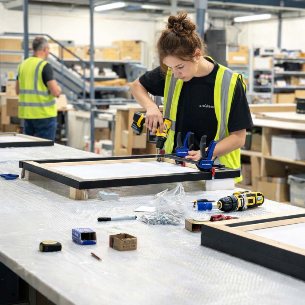 Person working on a project with tools in a warehouse setting