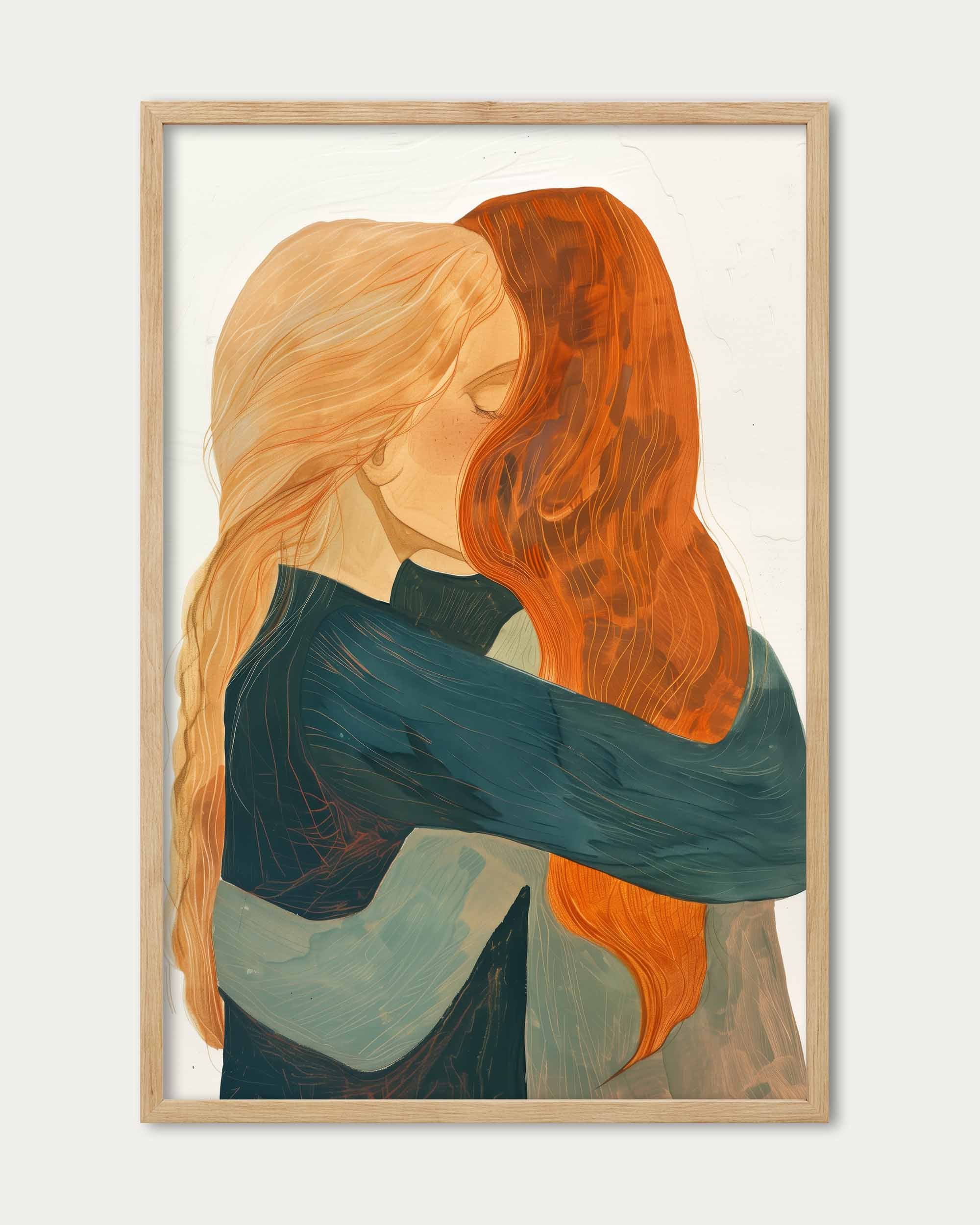 Framed artwork of two people embracing with a warm color palette on a white background