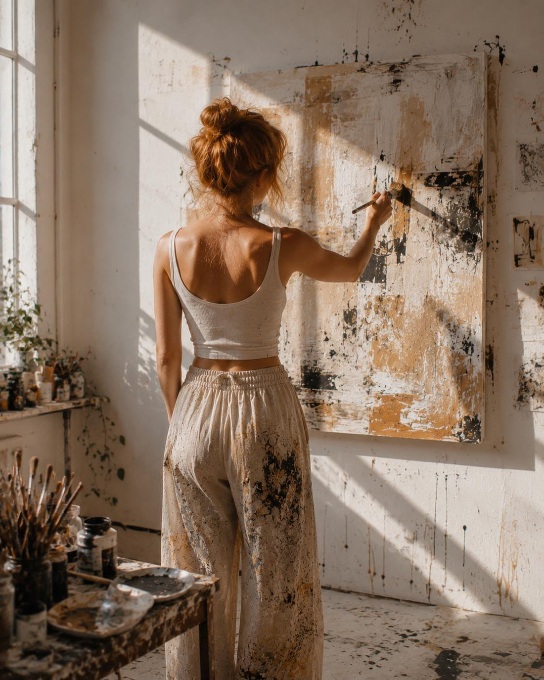 A woman stands with her back to the camera, painting on a large canvas in a sunlit studio. She wears a white tank top and loose, paint-splattered pants.