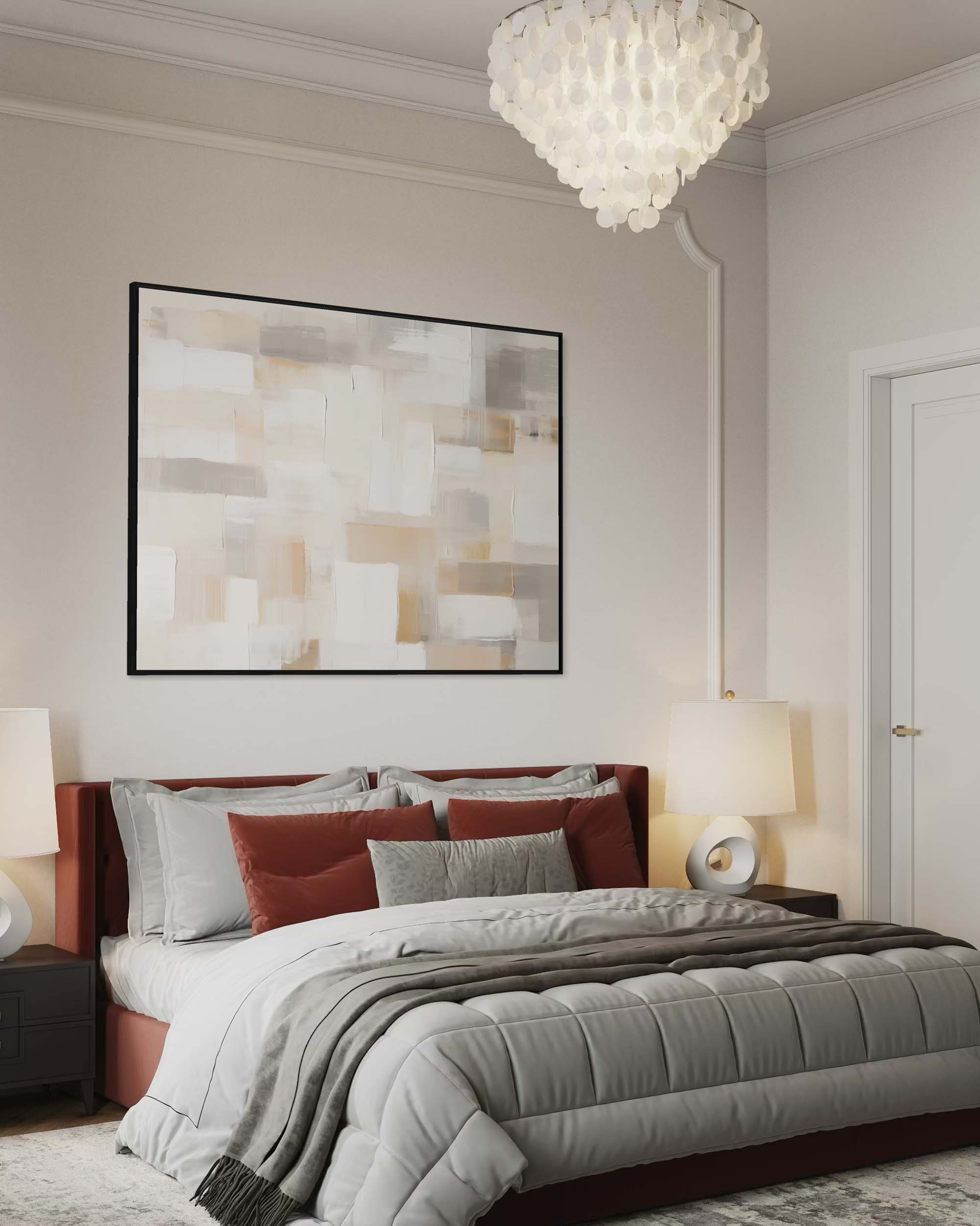 Modern bedroom with a bed, nightstands, lamps, and abstract wall art.