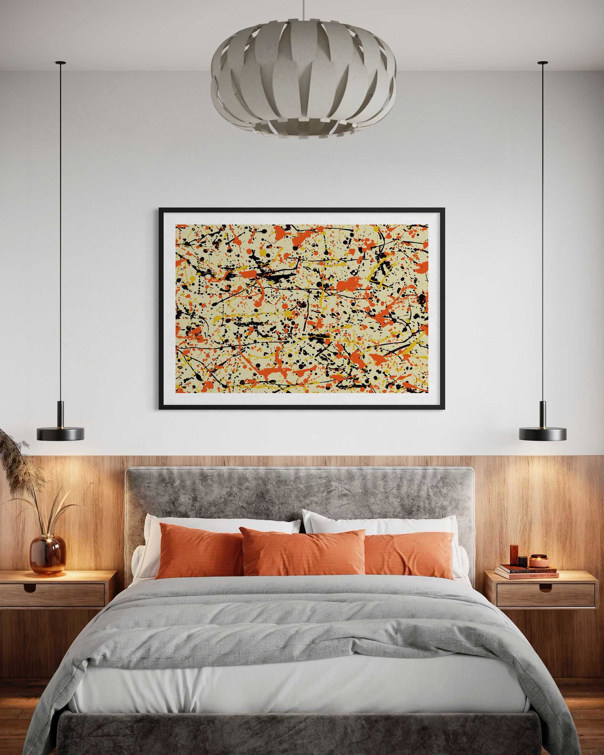 Modern bedroom with abstract art on the wall, gray bedding, and wooden nightstands.