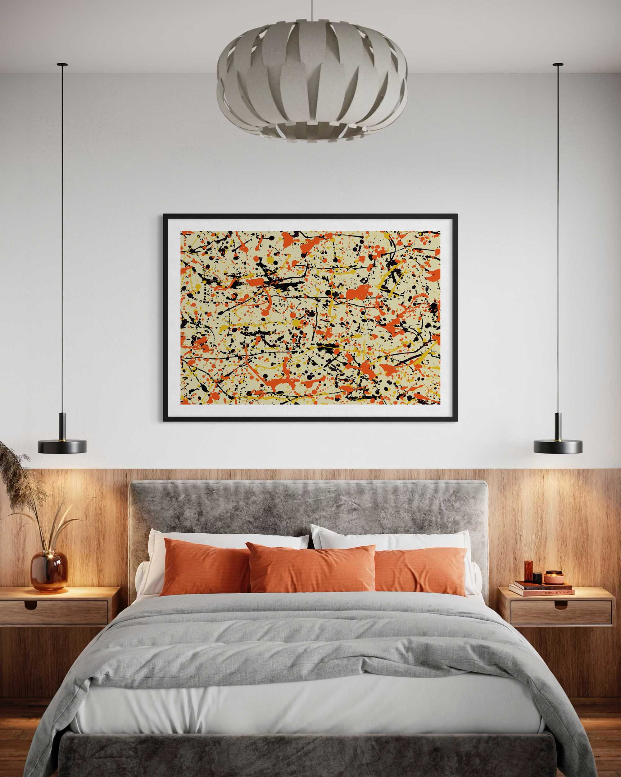 Modern bedroom with abstract art on the wall, gray bedding, and wooden nightstands.