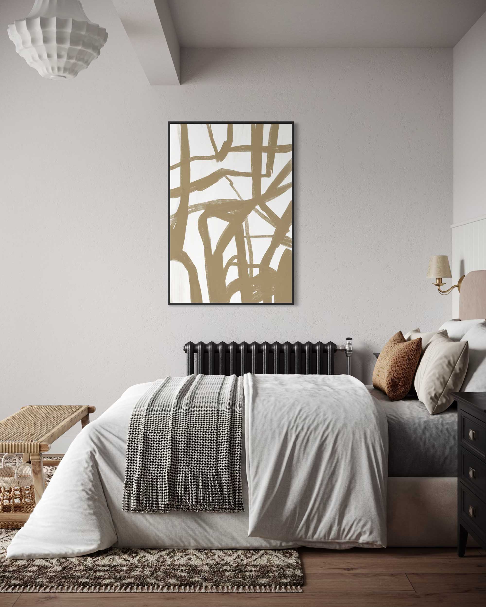 Modern bedroom with abstract wall art, bed, and side table.