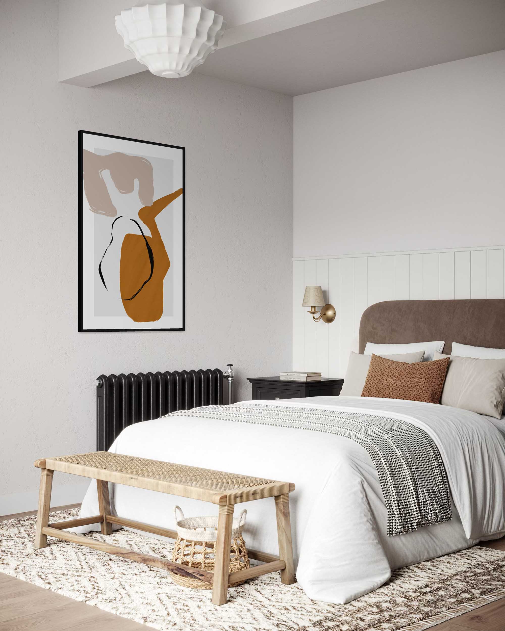 Modern bedroom with a bed, bench, and abstract art on the wall.