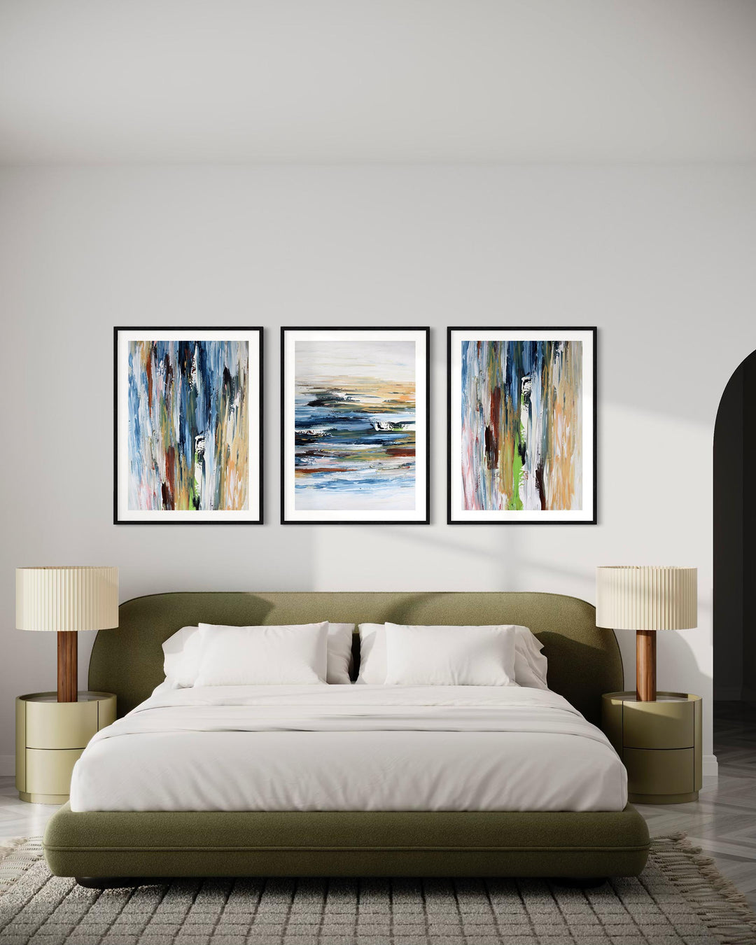 Modern bedroom with a bed, nightstands, and abstract wall art.