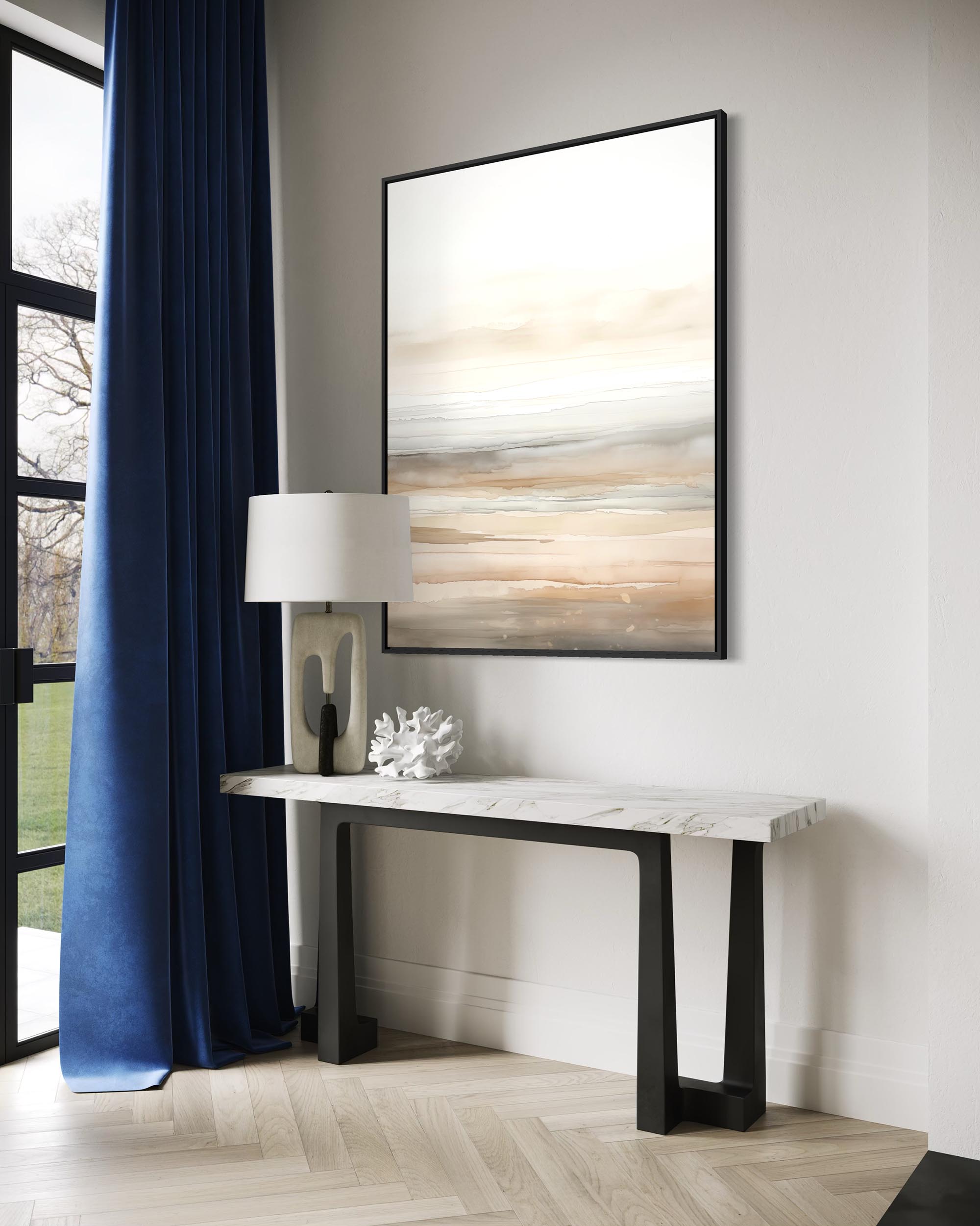 Modern interior with a console table, lamp, and abstract painting on a wall.