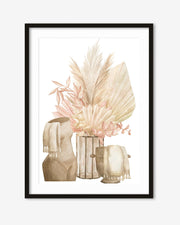 Framed artwork with decorative plants and vases on a white background