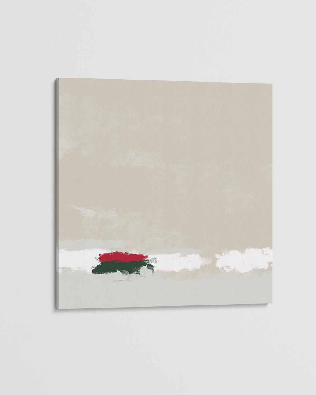 Abstract painting with a red and green shape on a beige background