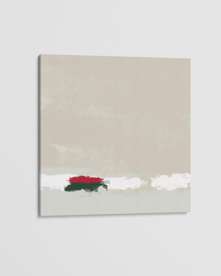 Abstract painting with a red and green shape on a beige background